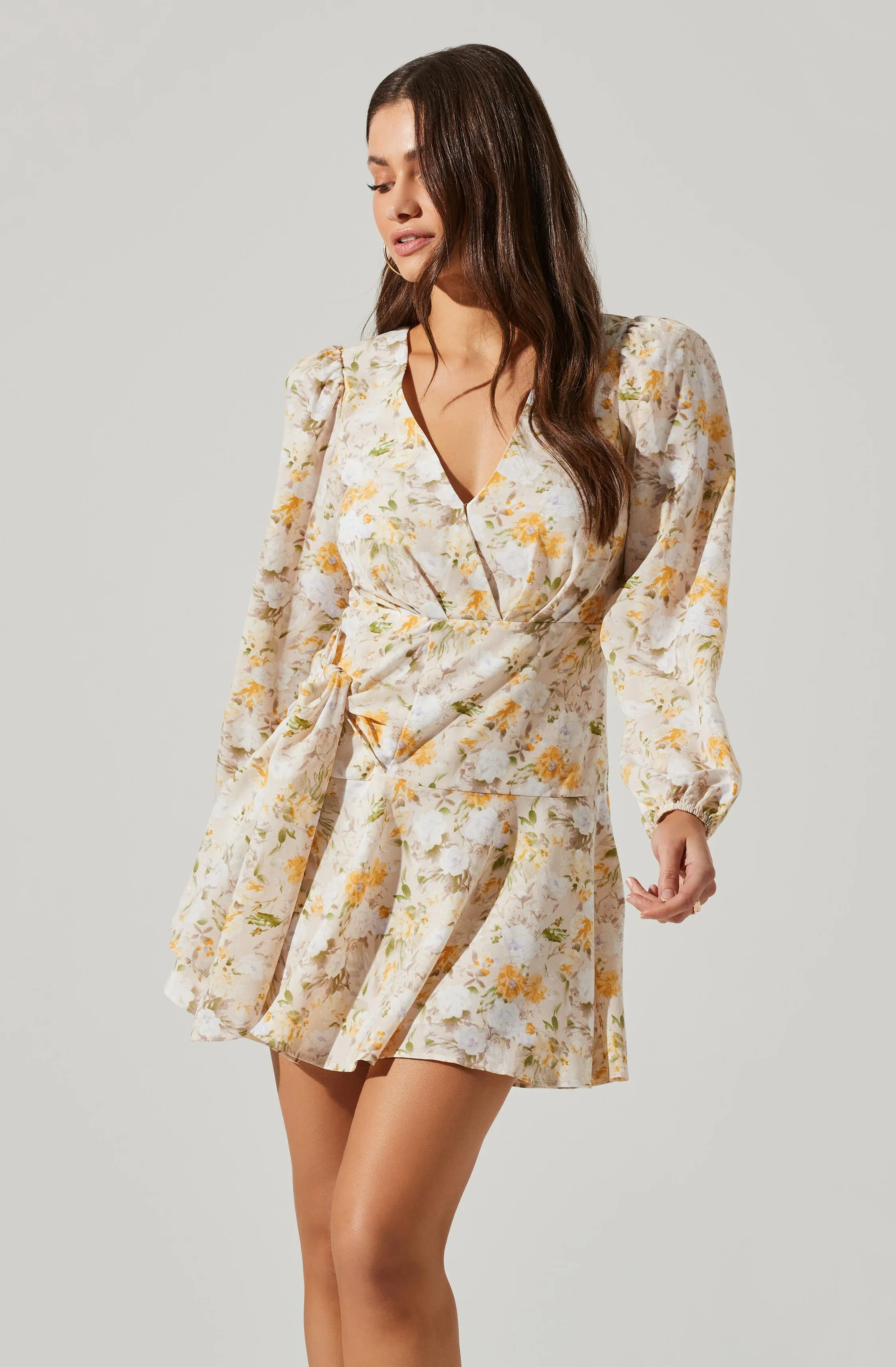 Floral Long Sleeve Side Tie V Neck Mini Dress