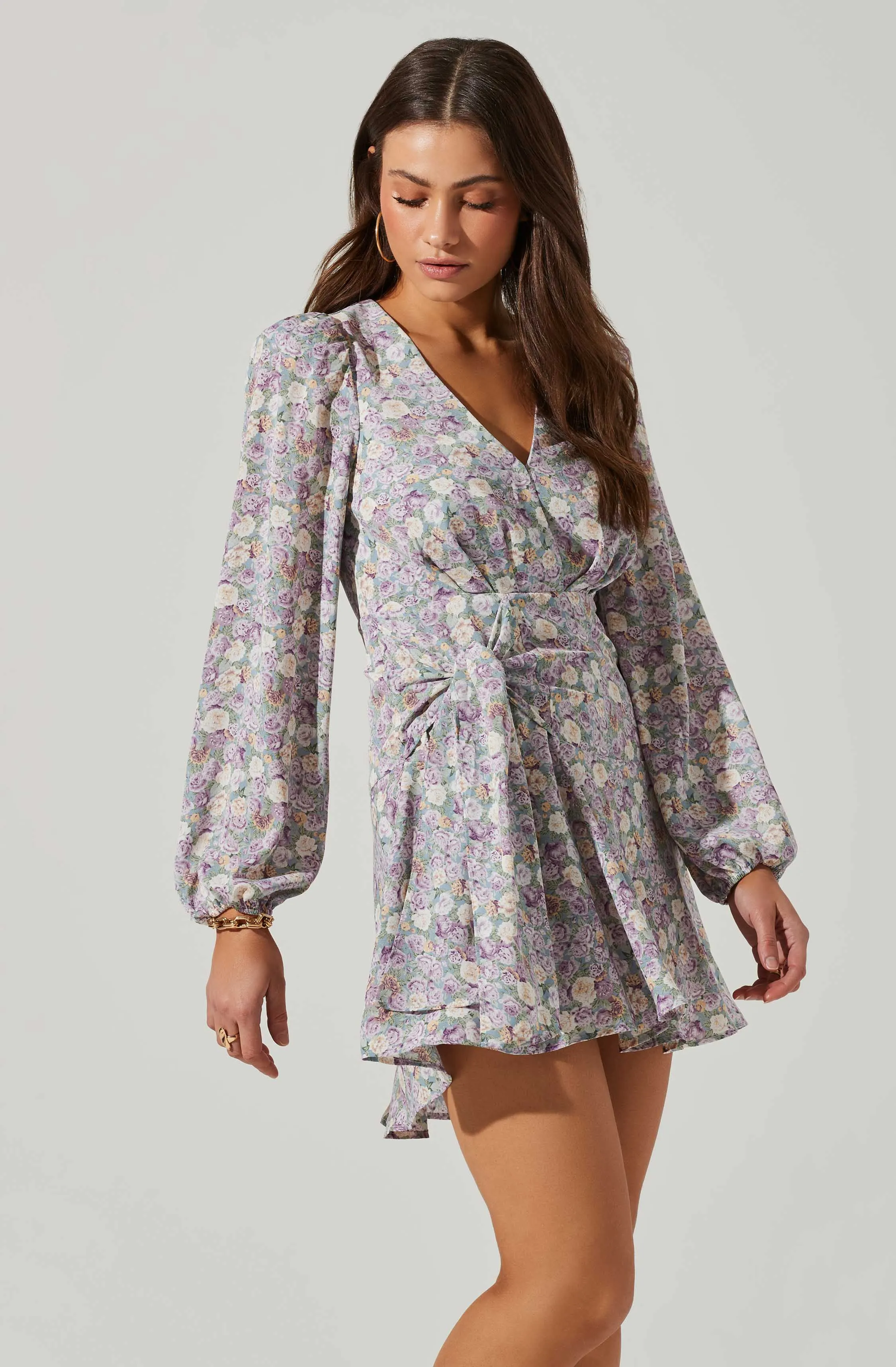 Floral Long Sleeve Side Tie V Neck Mini Dress