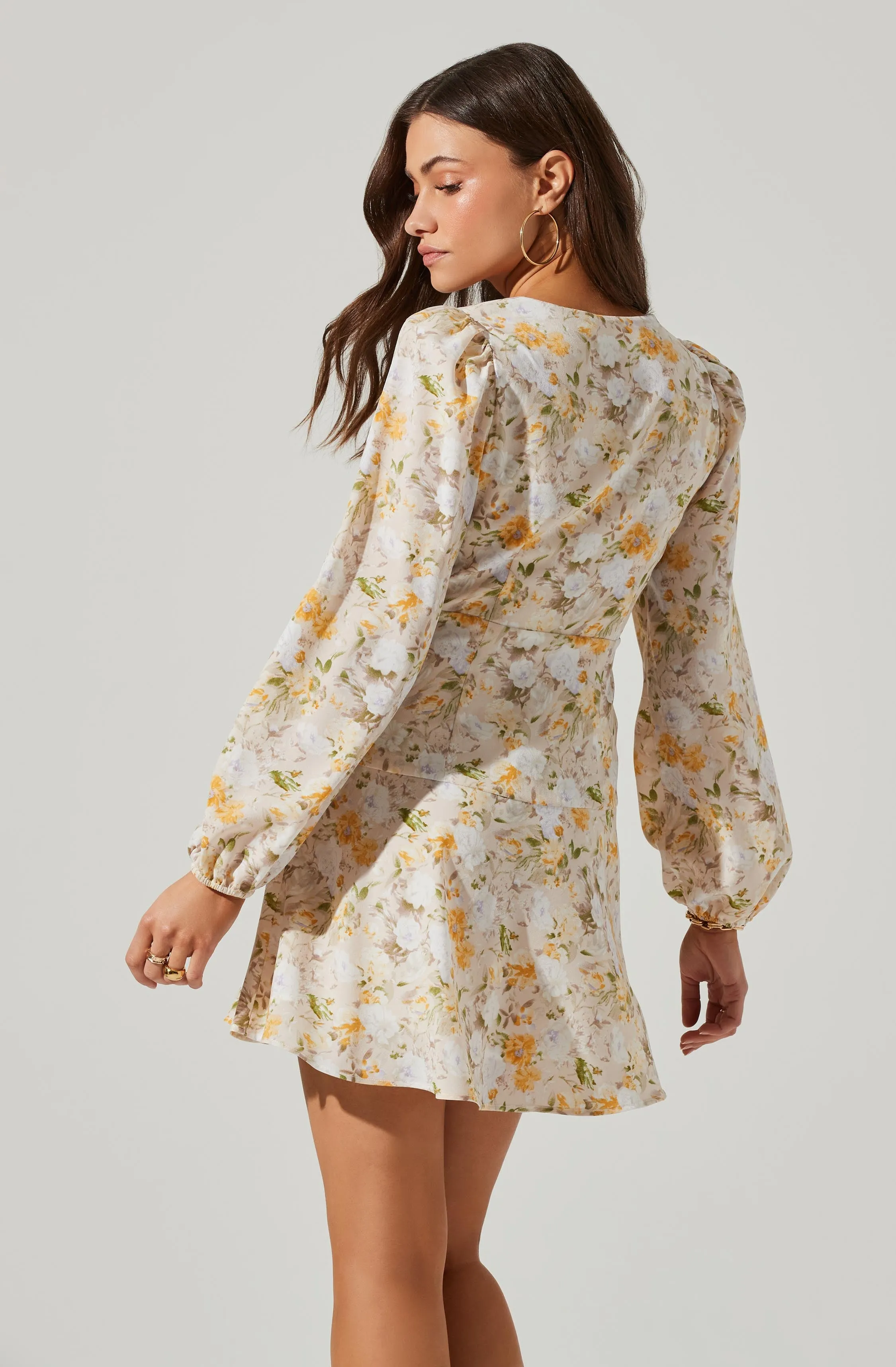 Floral Long Sleeve Side Tie V Neck Mini Dress