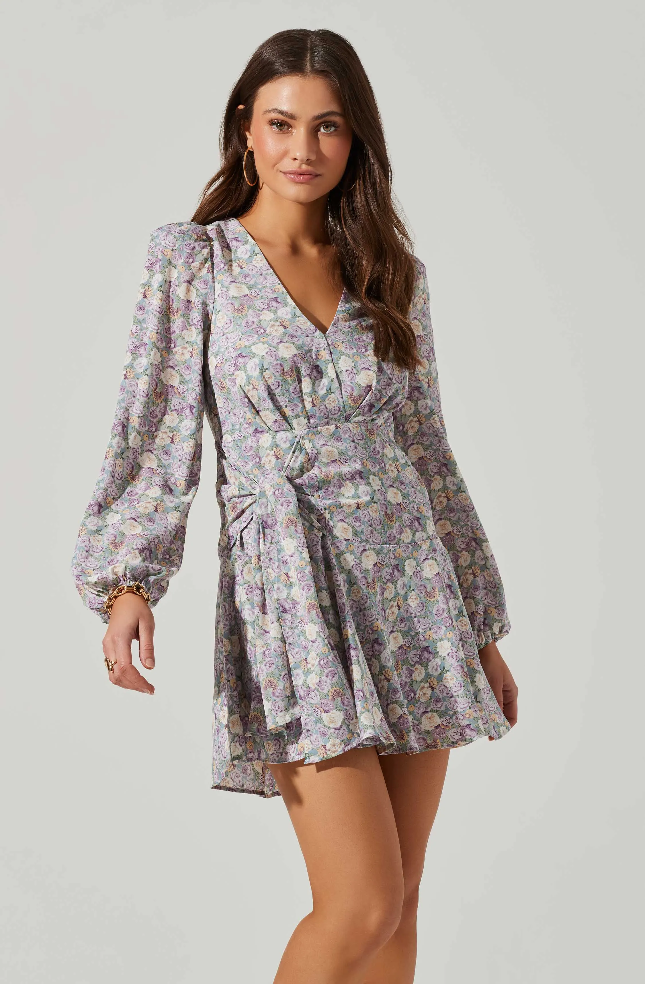 Floral Long Sleeve Side Tie V Neck Mini Dress