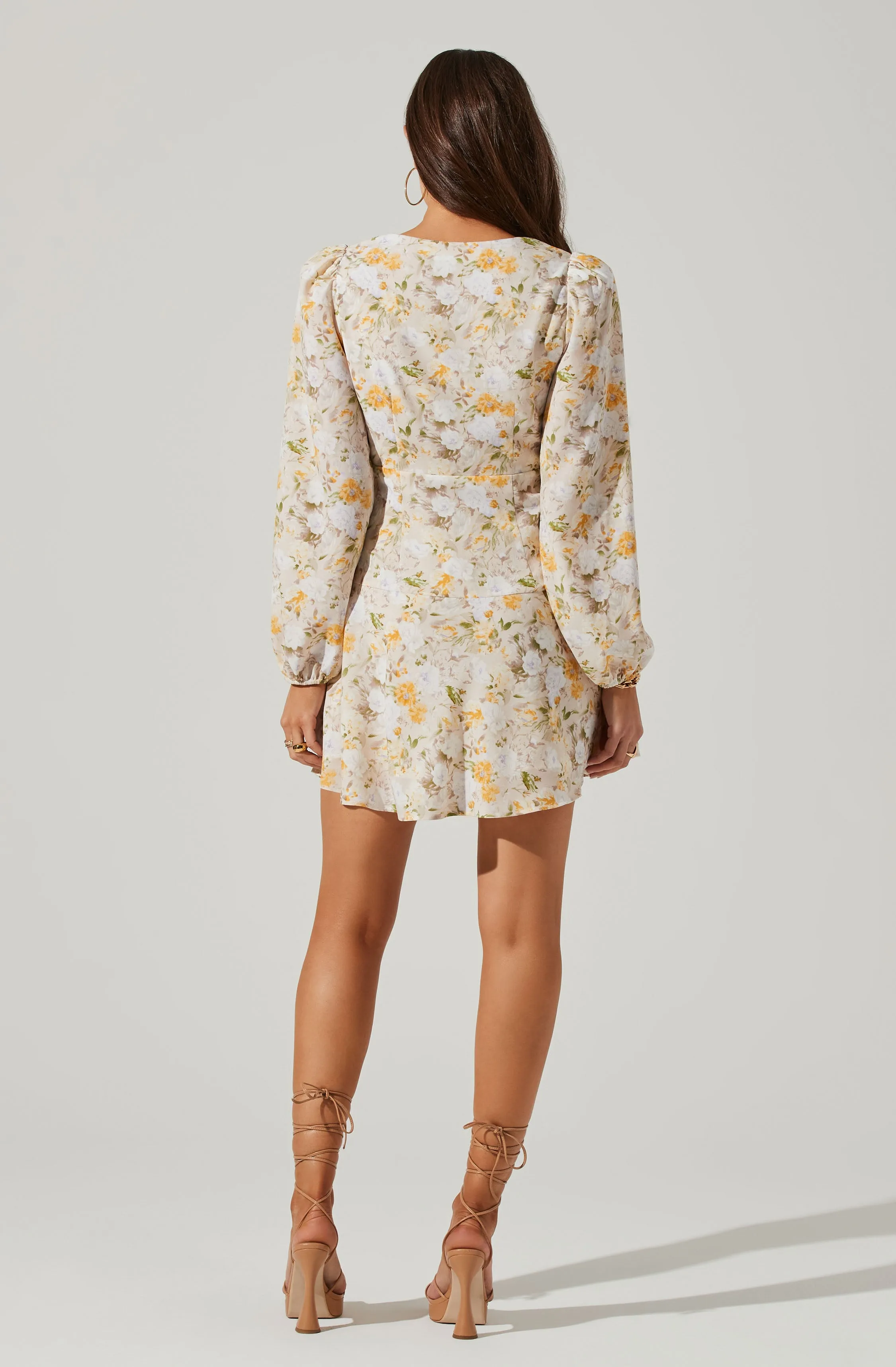 Floral Long Sleeve Side Tie V Neck Mini Dress