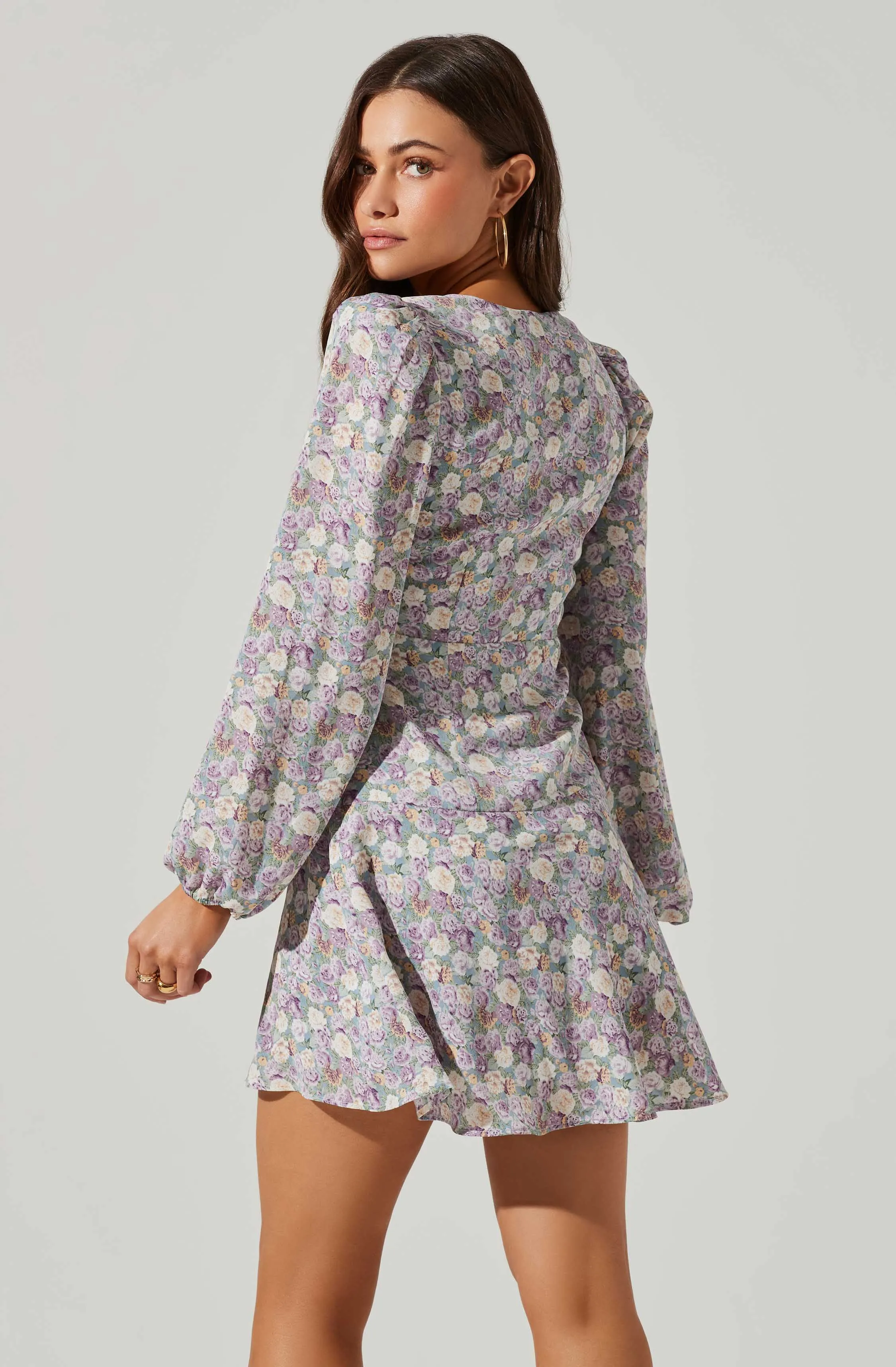 Floral Long Sleeve Side Tie V Neck Mini Dress