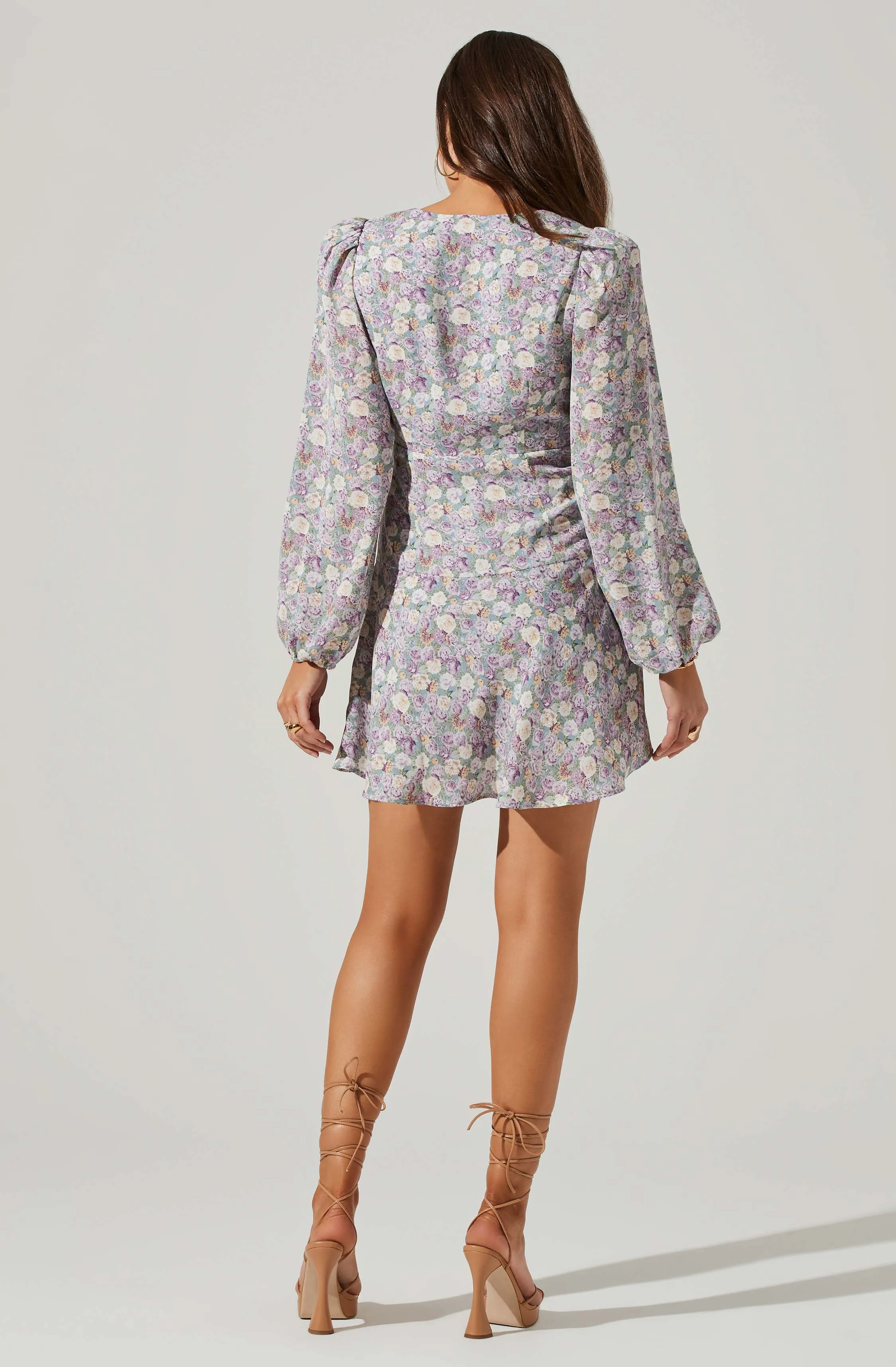Floral Long Sleeve Side Tie V Neck Mini Dress