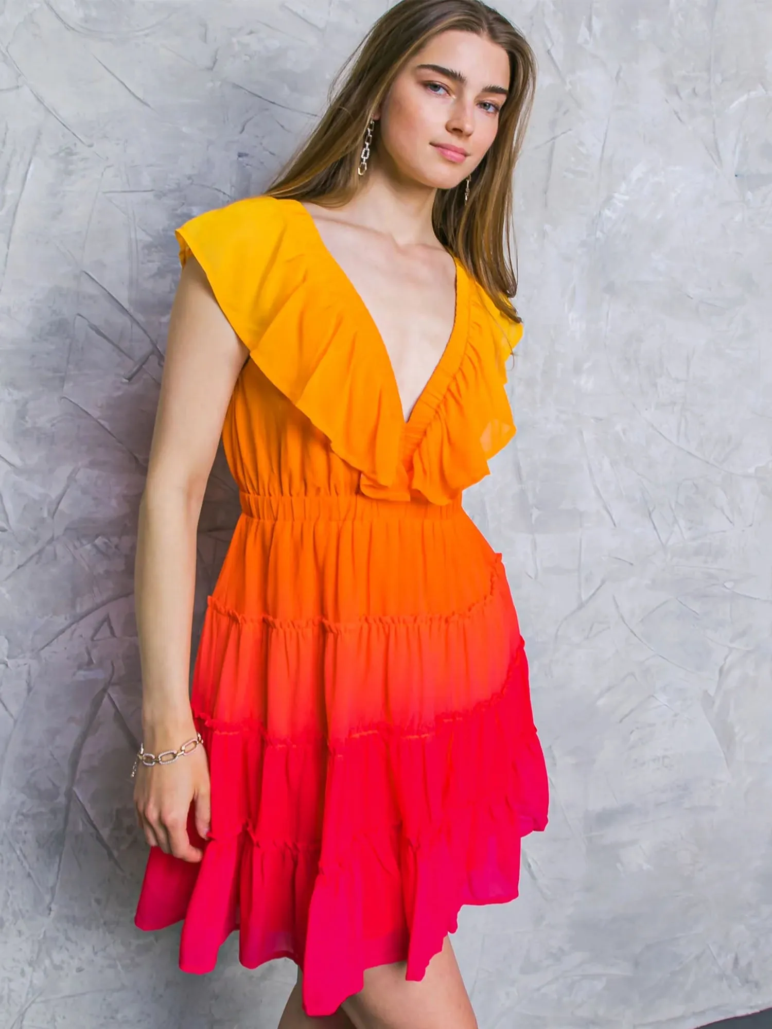Flying Tomato Flutter Sleeve V-Neck Tiered Ombre Dress - Brands We Love