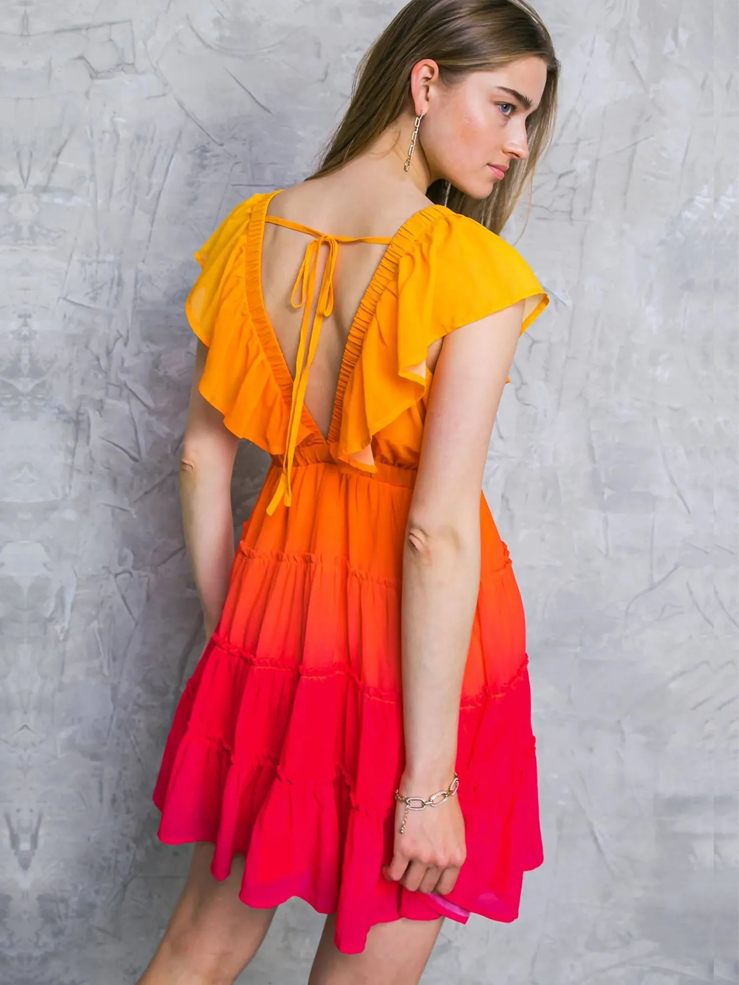 Flying Tomato Flutter Sleeve V-Neck Tiered Ombre Dress - Brands We Love