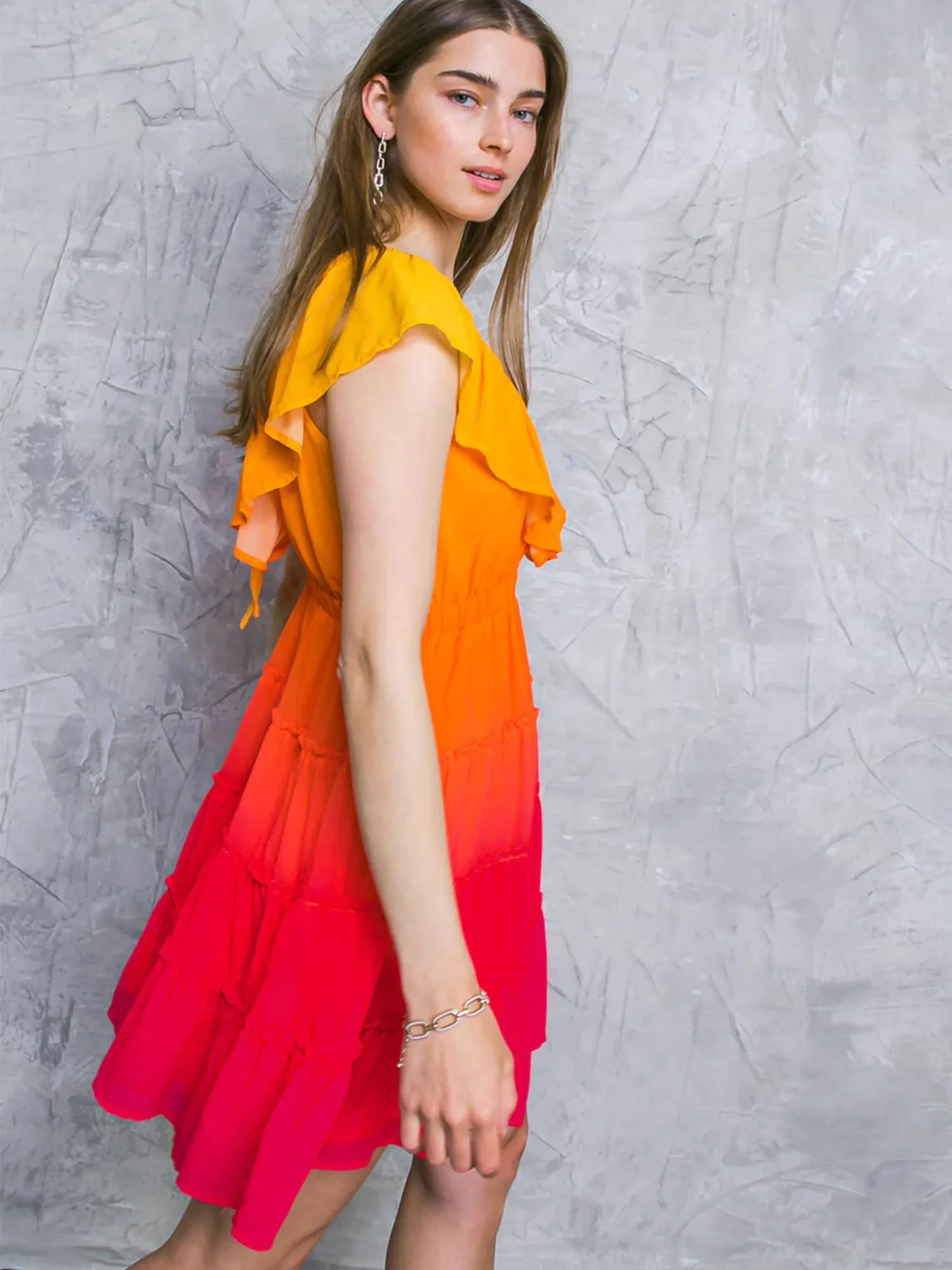 Flying Tomato Flutter Sleeve V-Neck Tiered Ombre Dress - Brands We Love