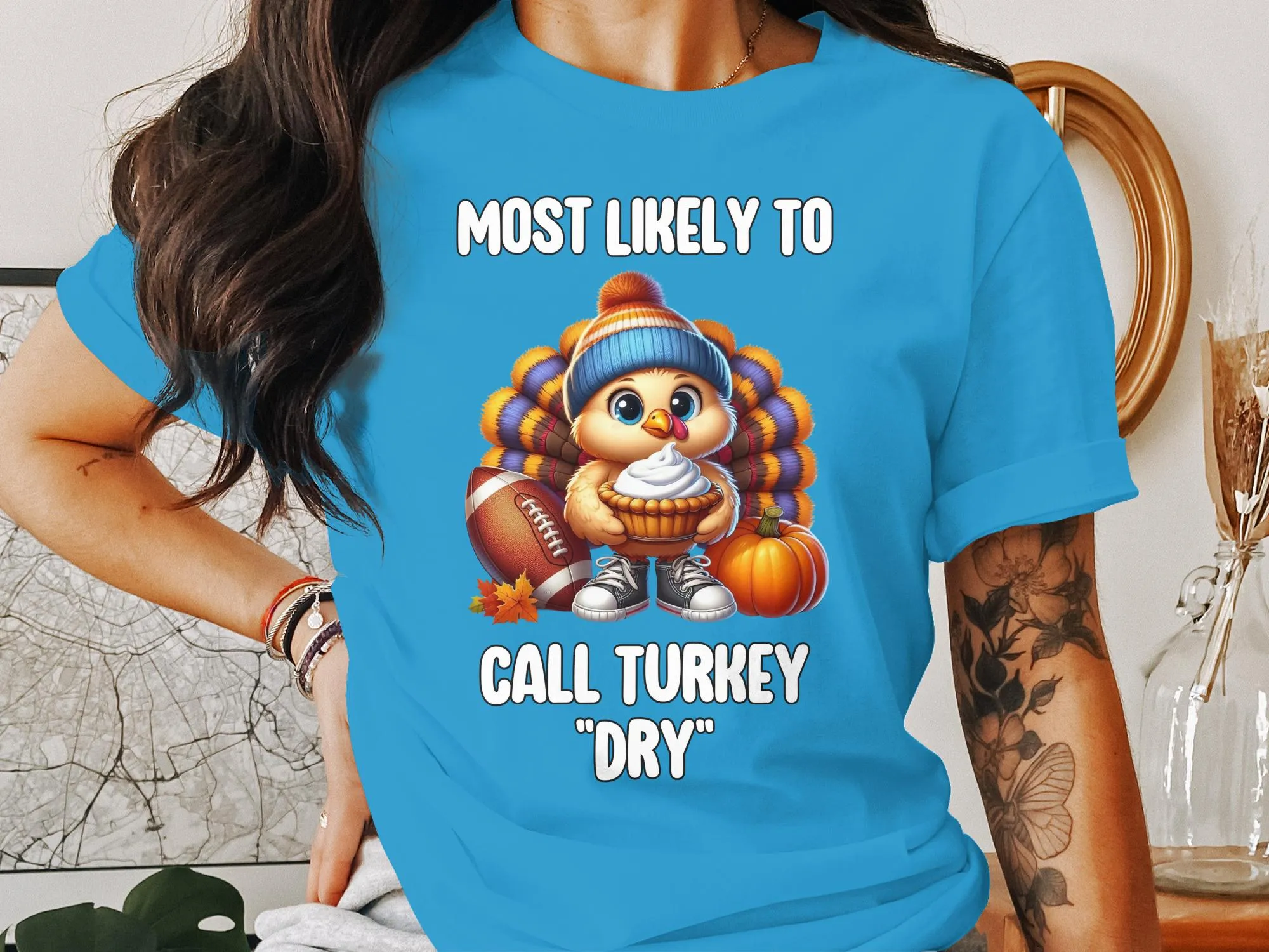 Funny Thanksgiving Turkey Football T-Shirt, Fun Fall Tees for Family Gatherings, Cute Turkey Dessert Humor Shirt