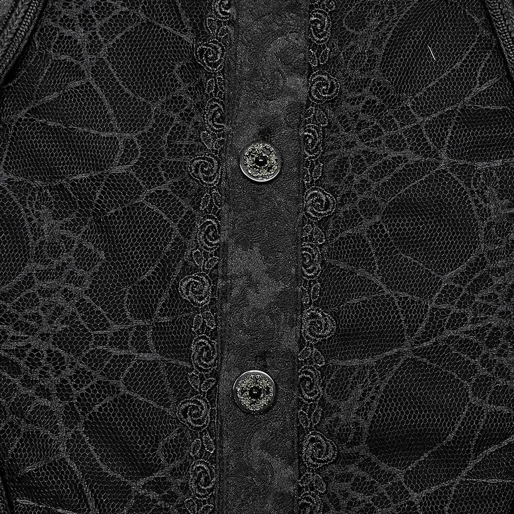 Goth Spider Mesh Printing Lantern Sleeve Stand Collar Shirt