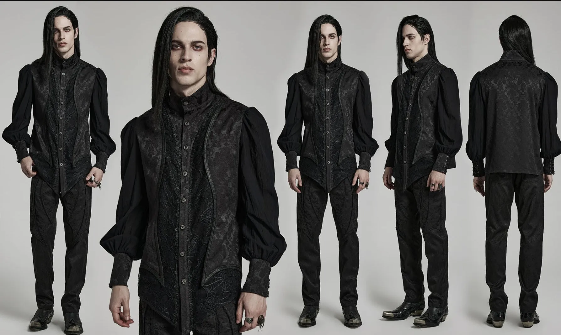 Goth Spider Mesh Printing Lantern Sleeve Stand Collar Shirt