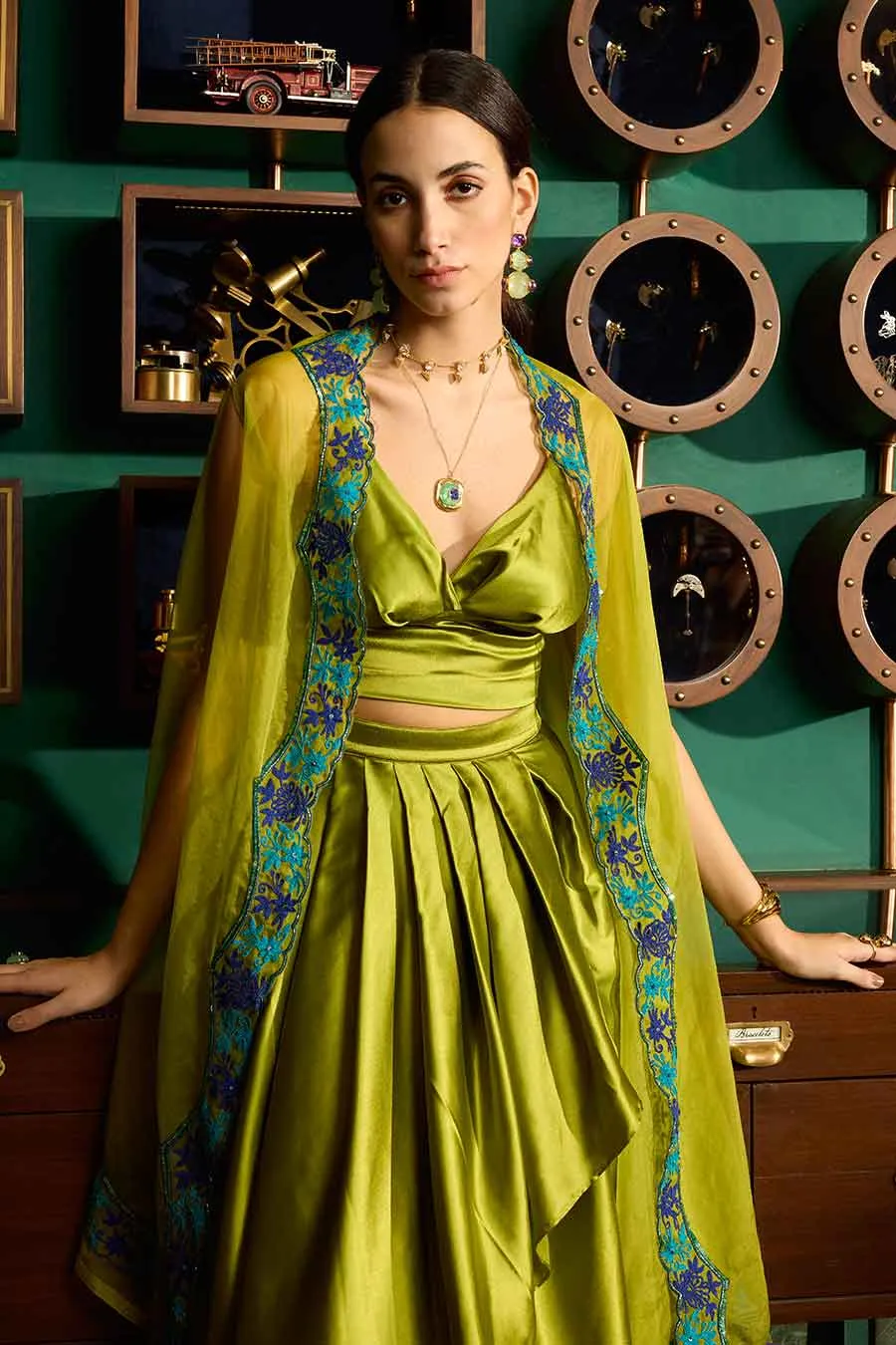 Green Bustier & Draped Skirt With Embroidered Cape Set