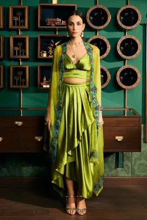 Green Bustier & Draped Skirt With Embroidered Cape Set