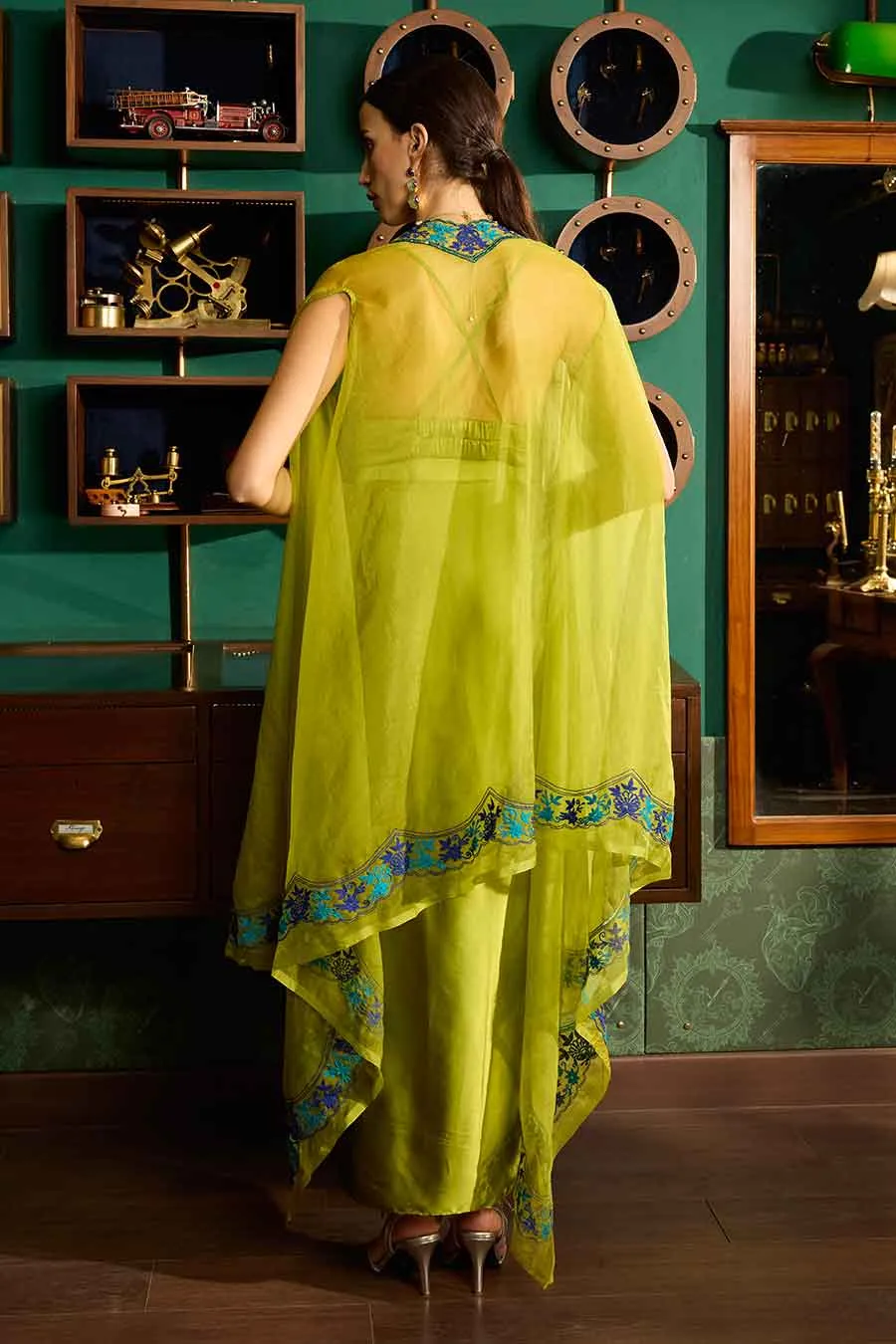 Green Bustier & Draped Skirt With Embroidered Cape Set