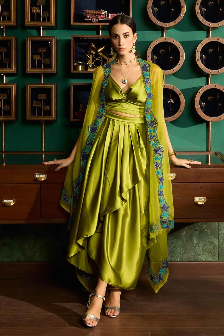 Green Bustier & Draped Skirt With Embroidered Cape Set