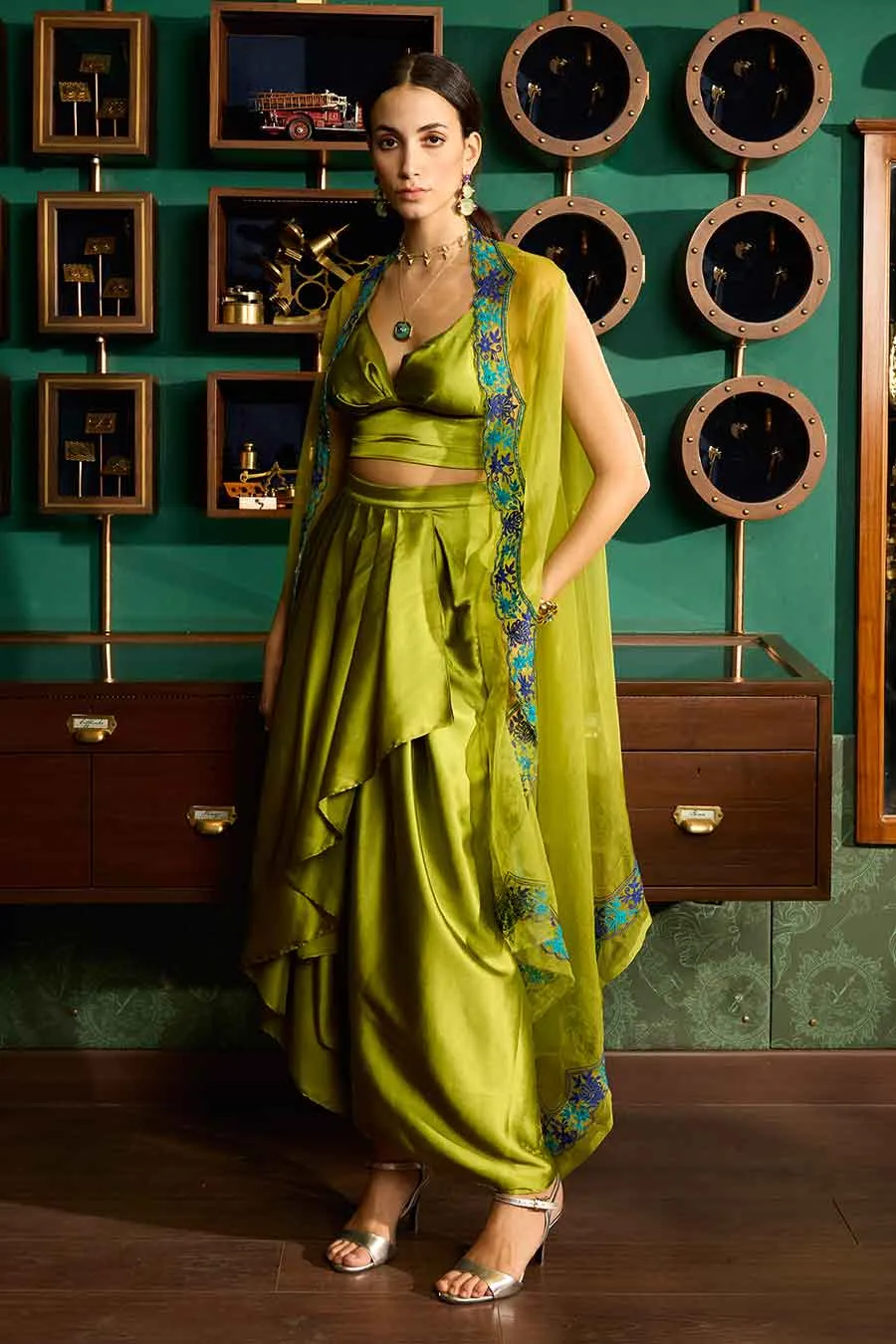 Green Bustier & Draped Skirt With Embroidered Cape Set