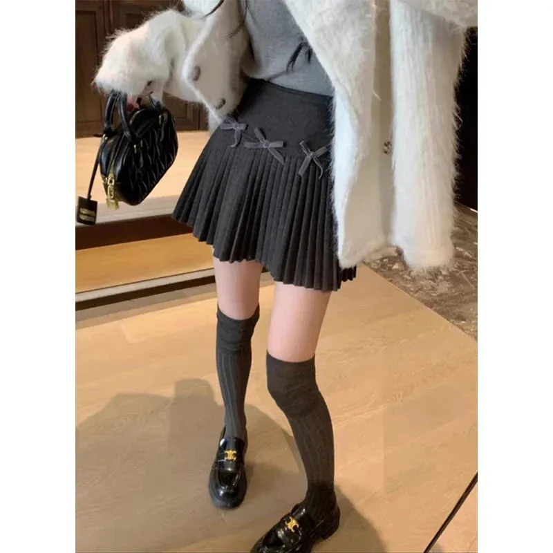 Grey Pleated Stylish Bow Mini Skirt