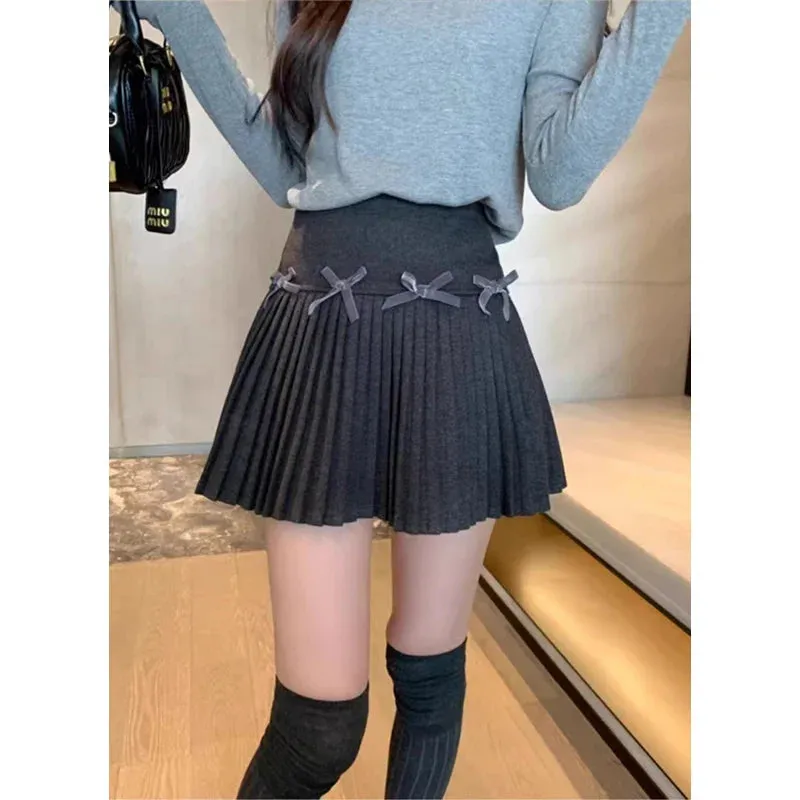 Grey Pleated Stylish Bow Mini Skirt