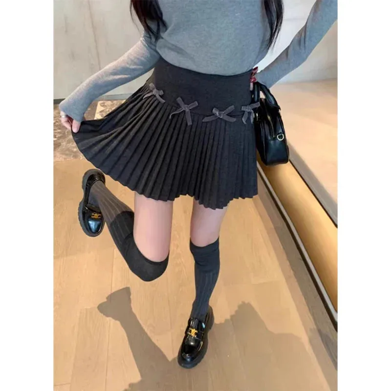 Grey Pleated Stylish Bow Mini Skirt