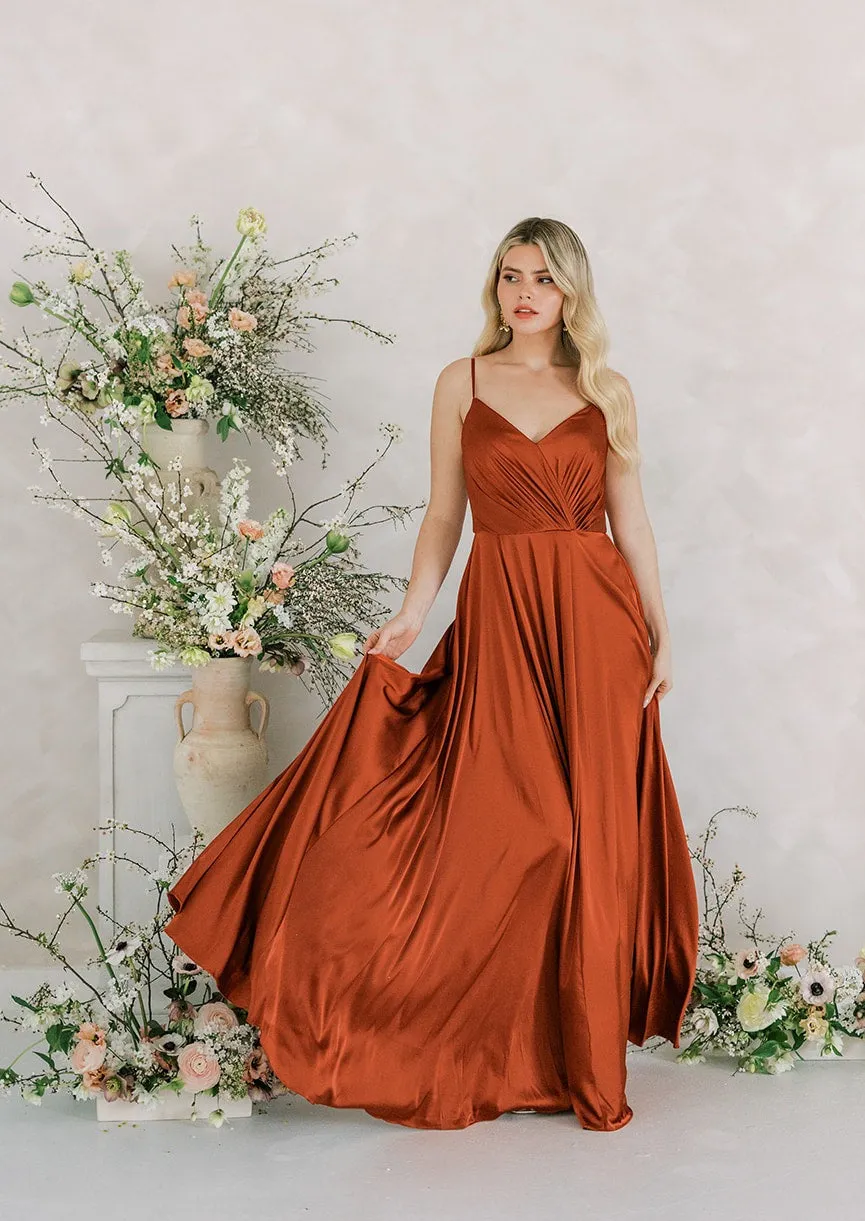 Isla Bridesmaid Dress In Terracotta Satin