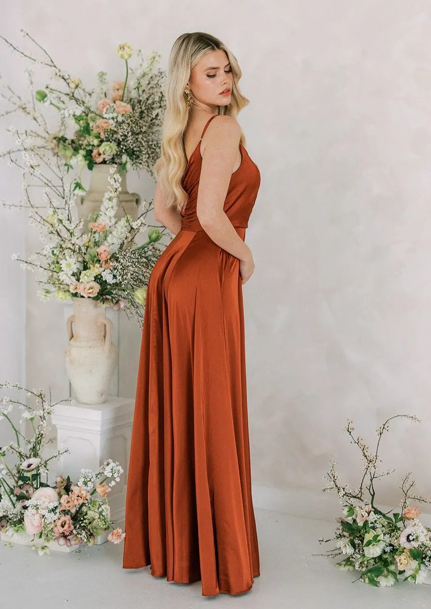Isla Bridesmaid Dress In Terracotta Satin
