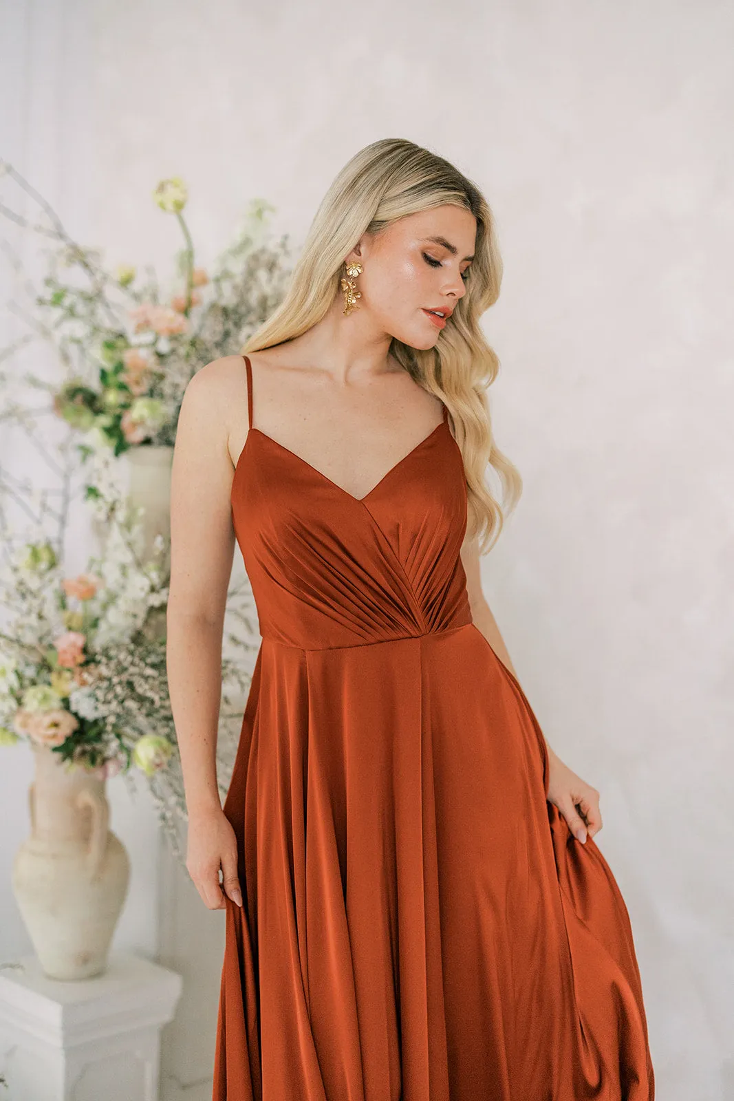Isla Bridesmaid Dress In Terracotta Satin