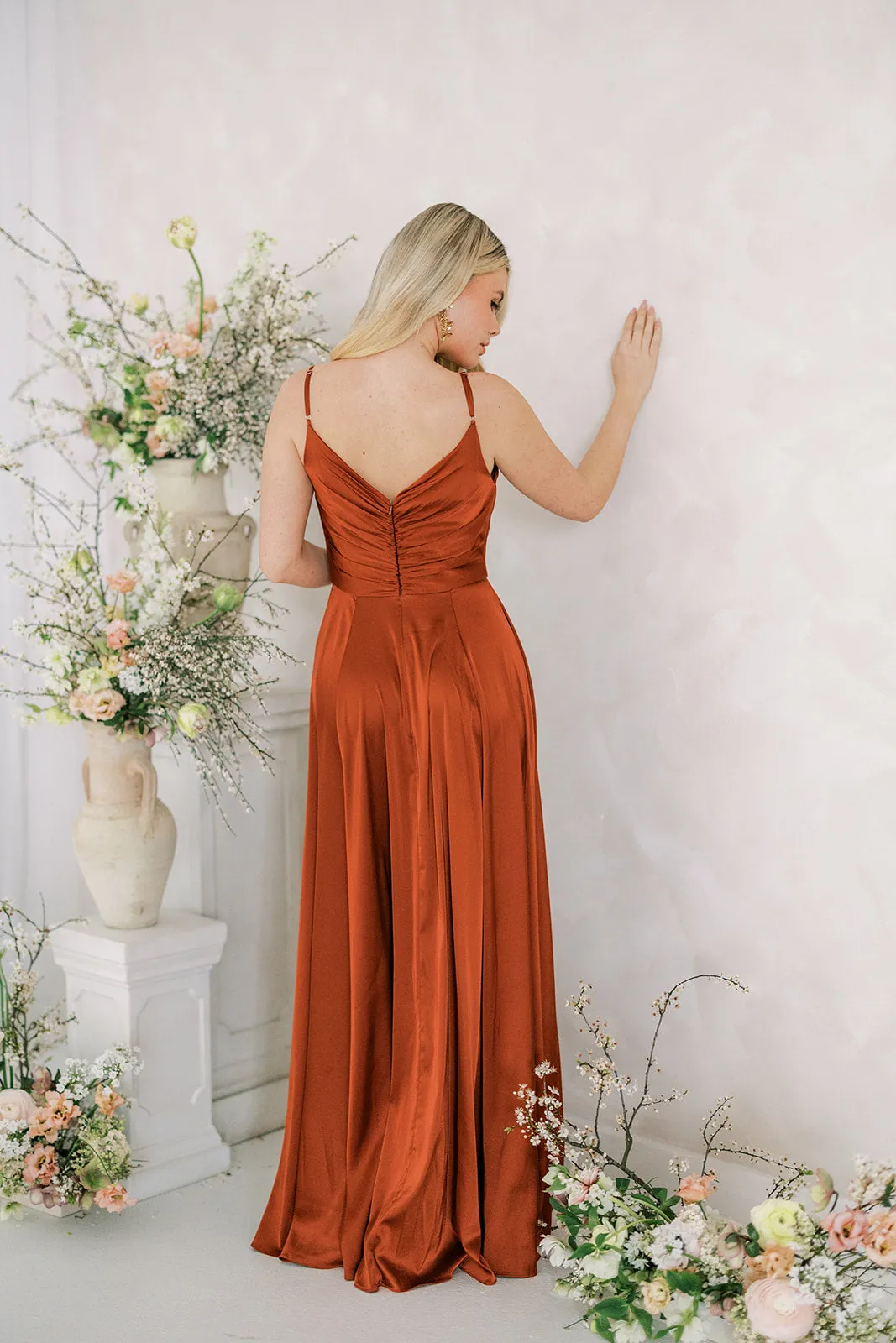 Isla Bridesmaid Dress In Terracotta Satin