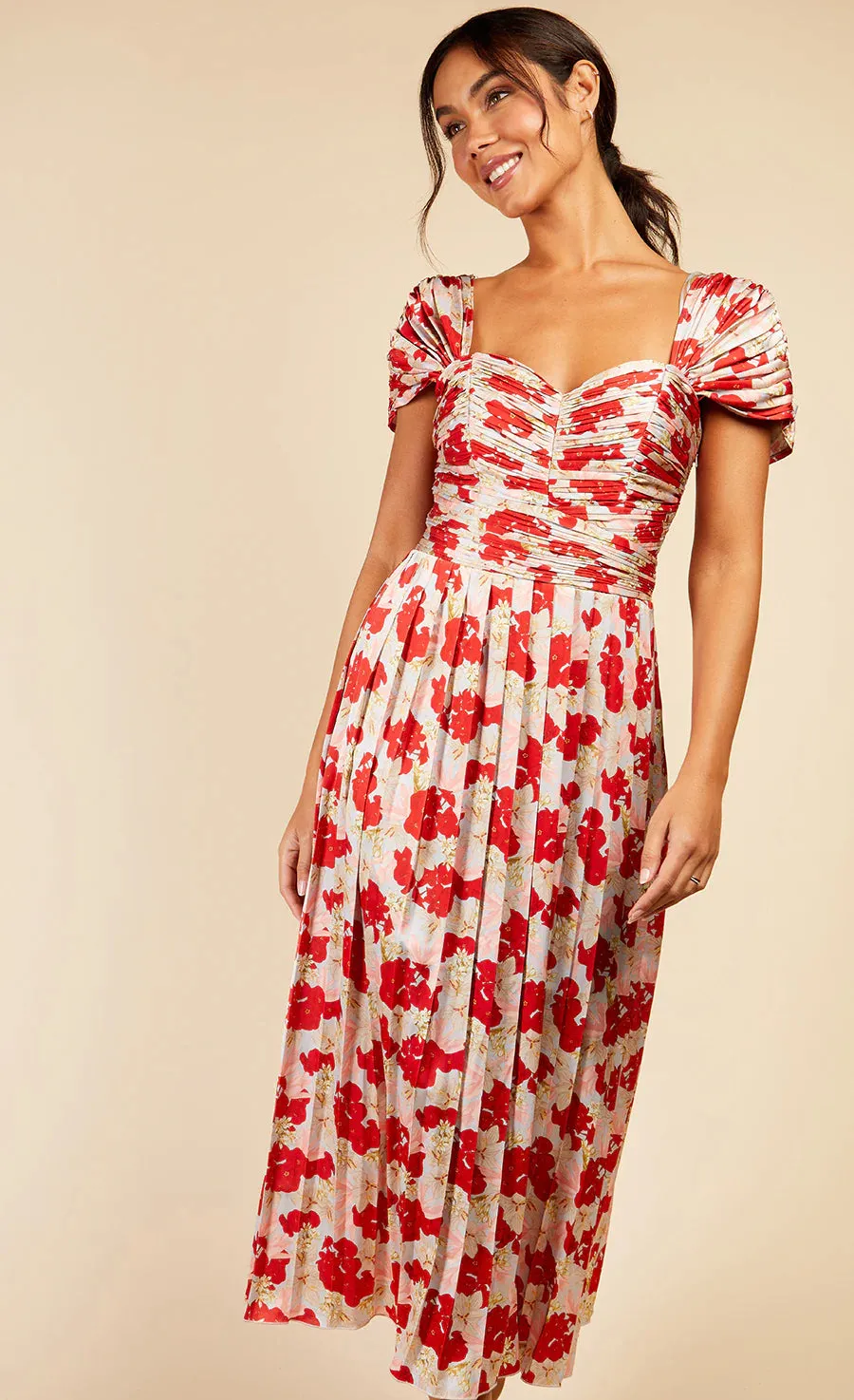 Jackson Pleated Midaxi Dress (Red Floral Print)