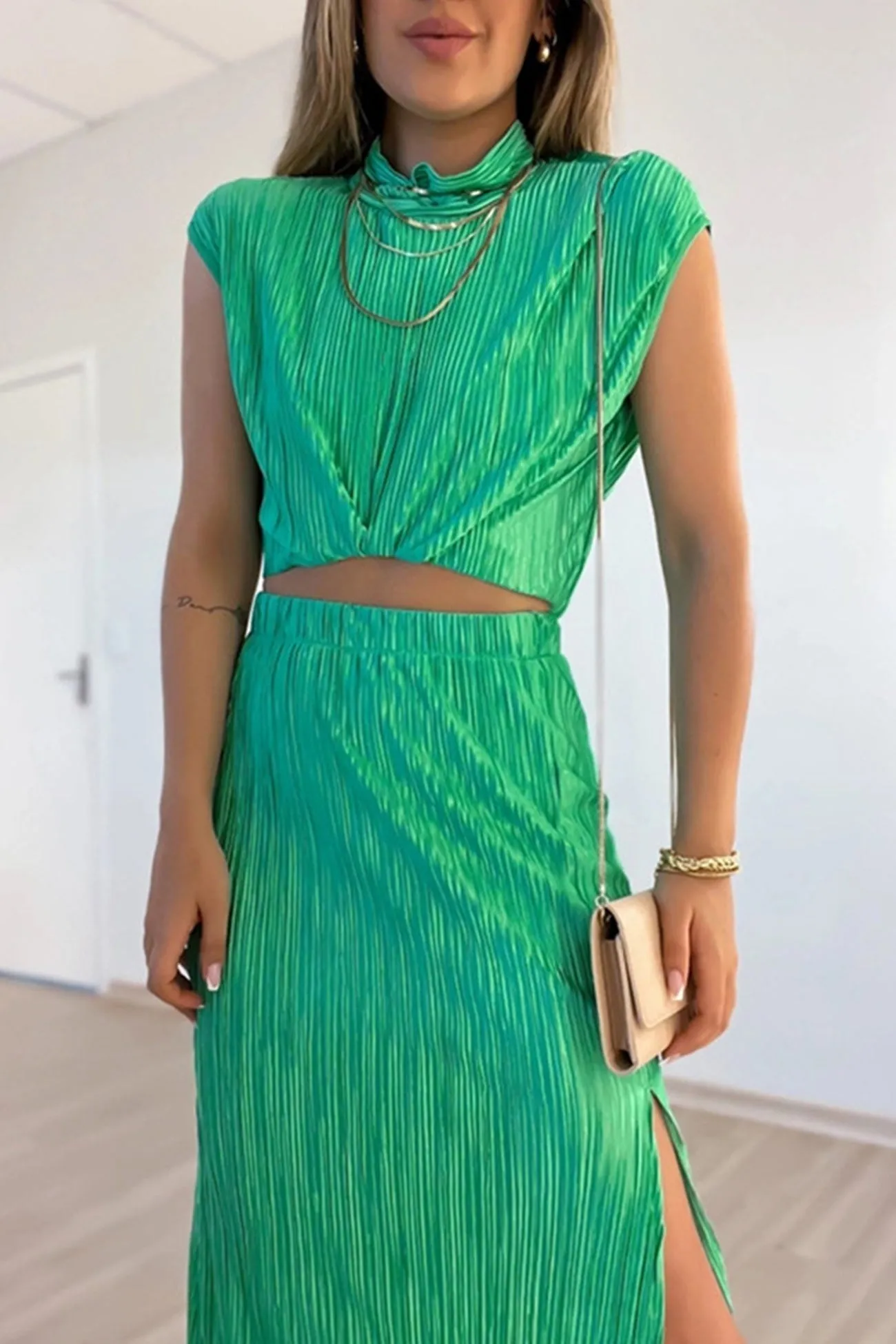 Joskaa-Pleated Mock Neck Crop Top High Waist Slit Skirt Suits