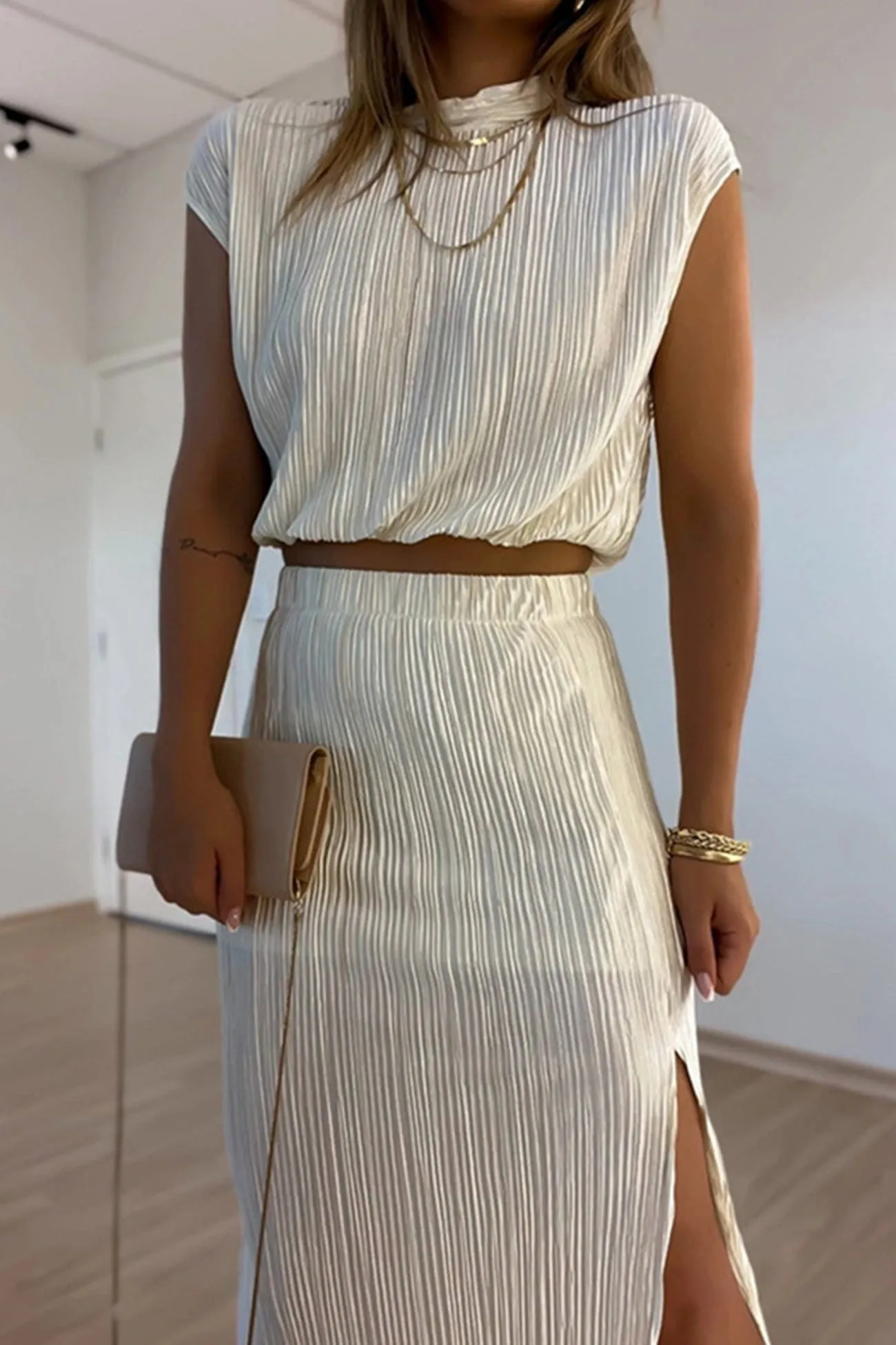 Joskaa-Pleated Mock Neck Crop Top High Waist Slit Skirt Suits