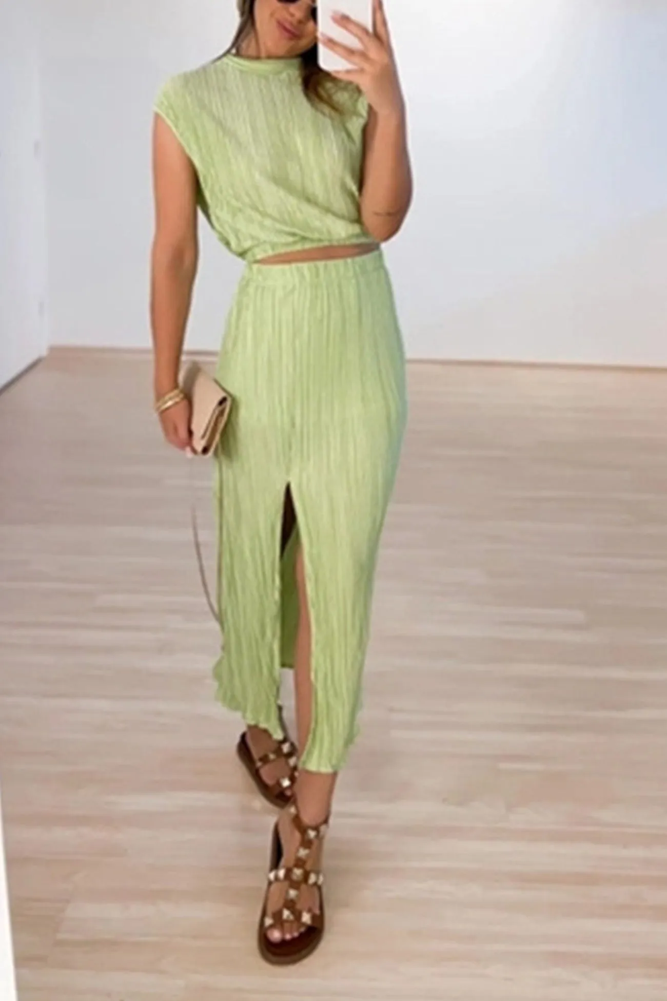 Joskaa-Pleated Mock Neck Crop Top High Waist Slit Skirt Suits