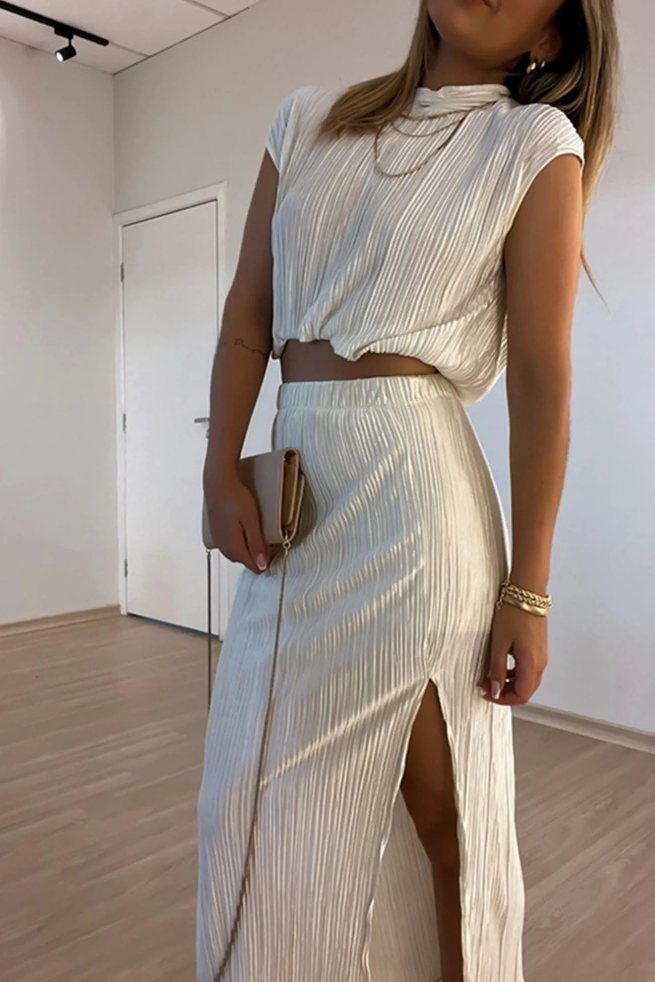 Joskaa-Pleated Mock Neck Crop Top High Waist Slit Skirt Suits