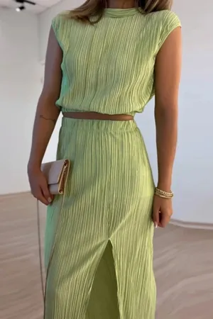 Joskaa-Pleated Mock Neck Crop Top High Waist Slit Skirt Suits