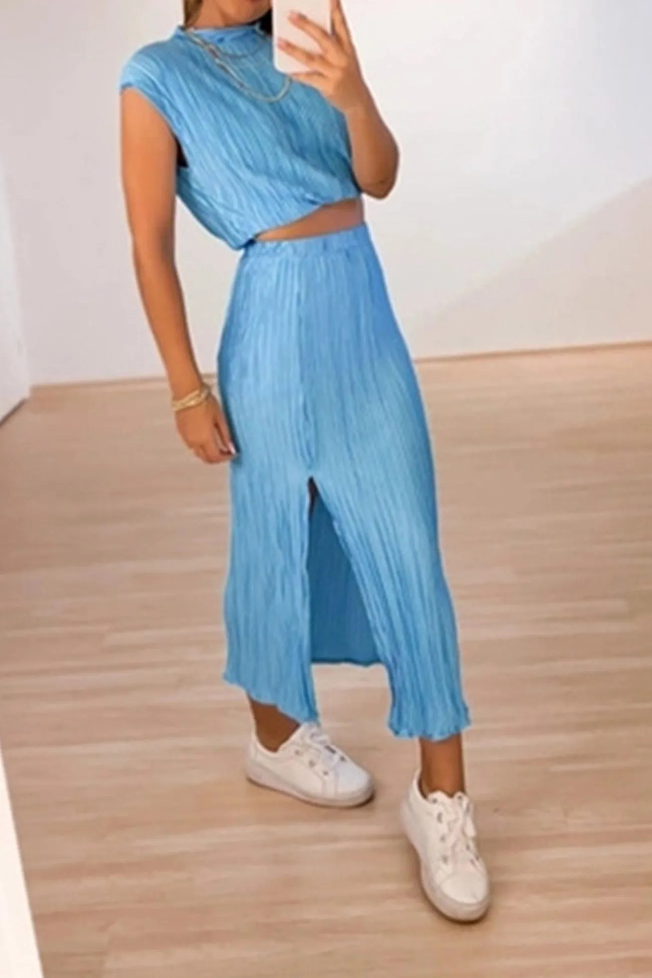 Joskaa-Pleated Mock Neck Crop Top High Waist Slit Skirt Suits