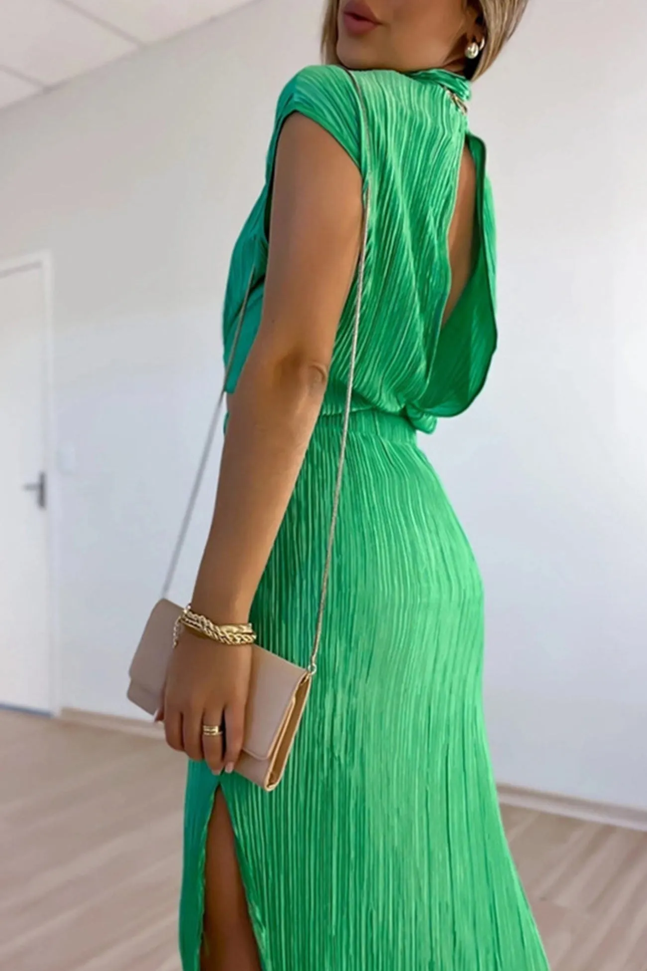 Joskaa-Pleated Mock Neck Crop Top High Waist Slit Skirt Suits