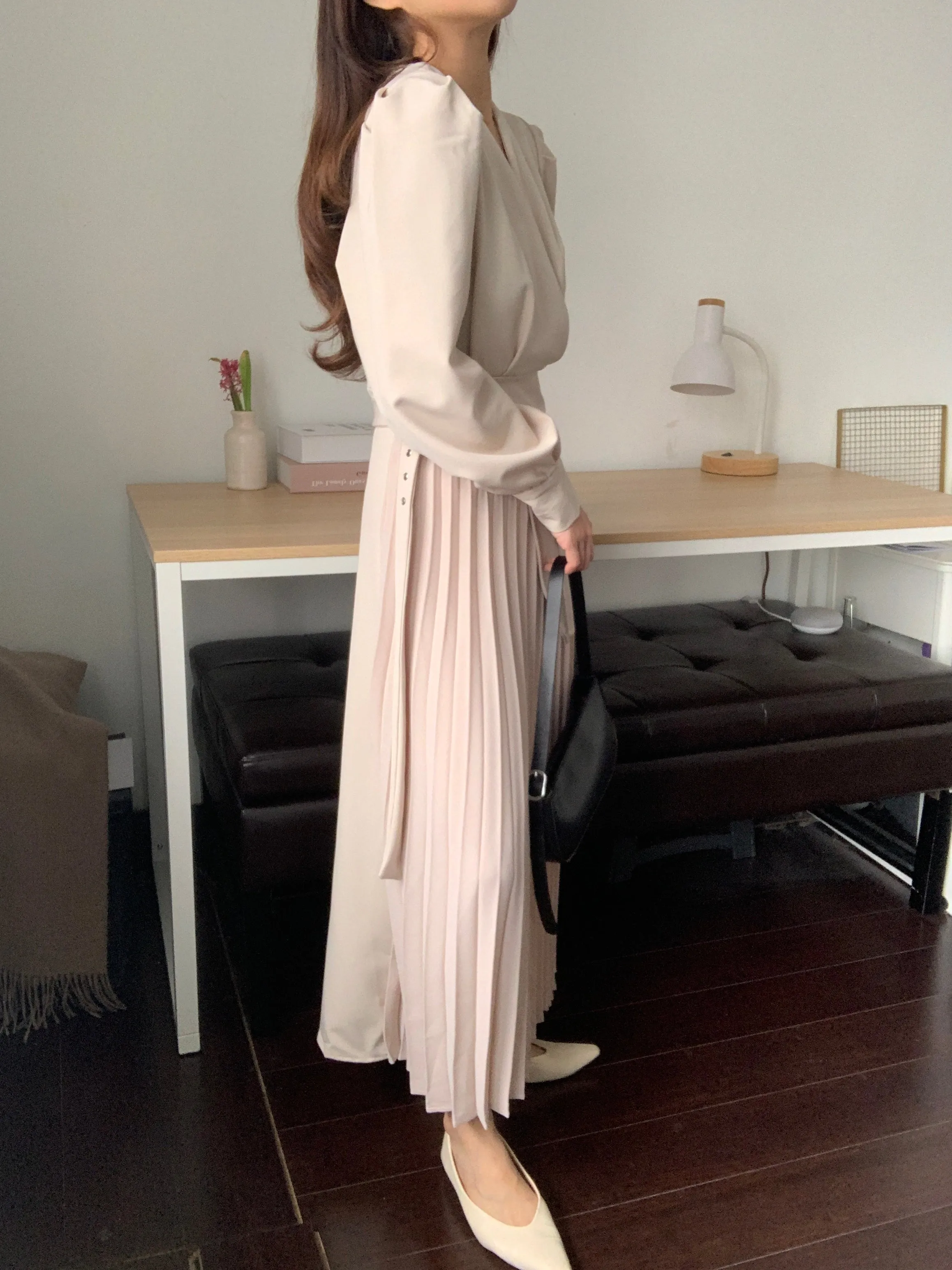 [Korean Style] Inna Beige V-neck Belted Blazer Pleated Skirt One Piece
