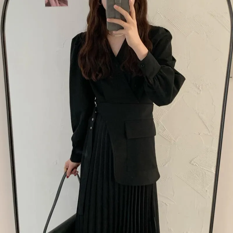[Korean Style] Inna Beige V-neck Belted Blazer Pleated Skirt One Piece