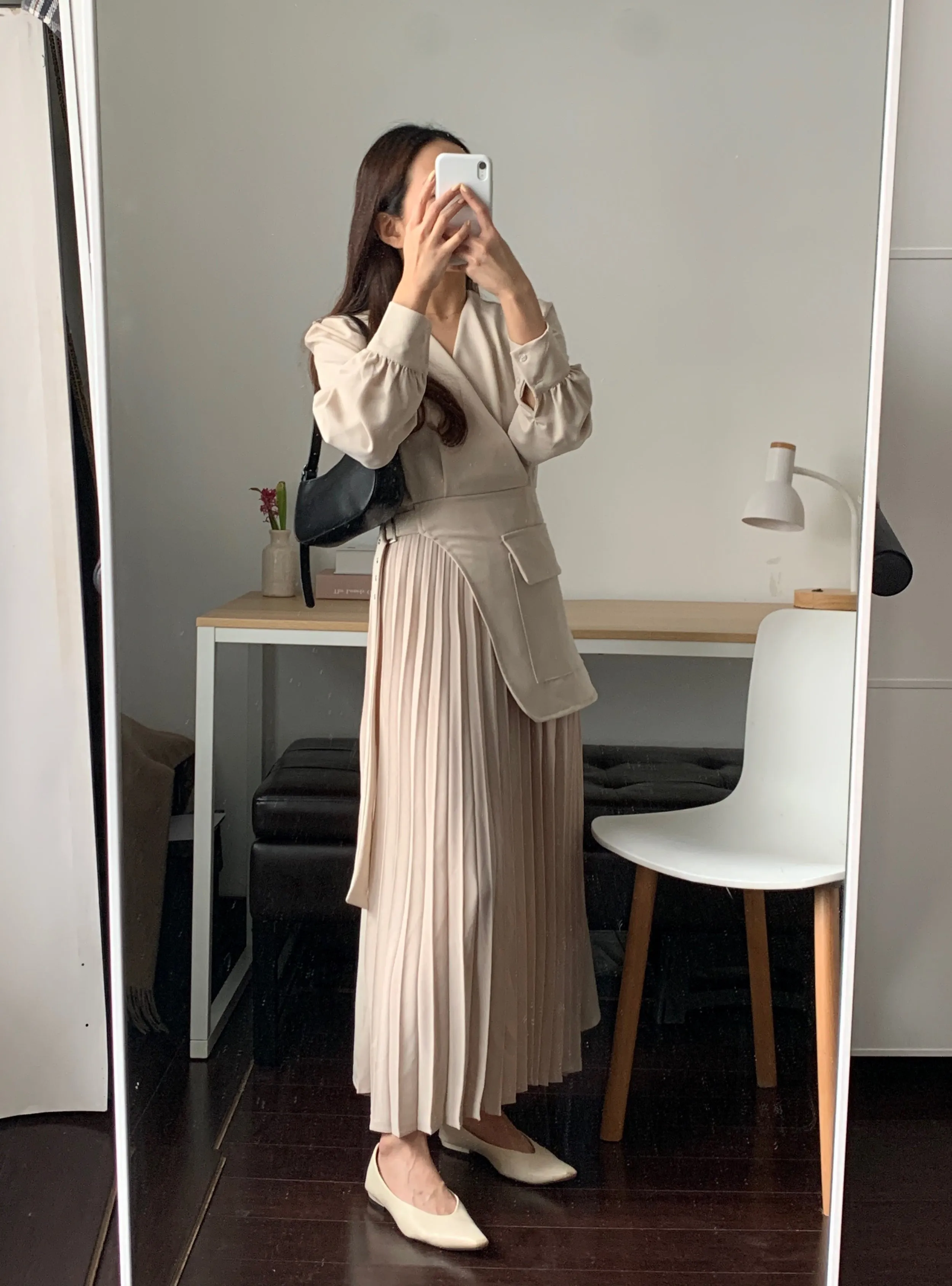 [Korean Style] Inna Beige V-neck Belted Blazer Pleated Skirt One Piece