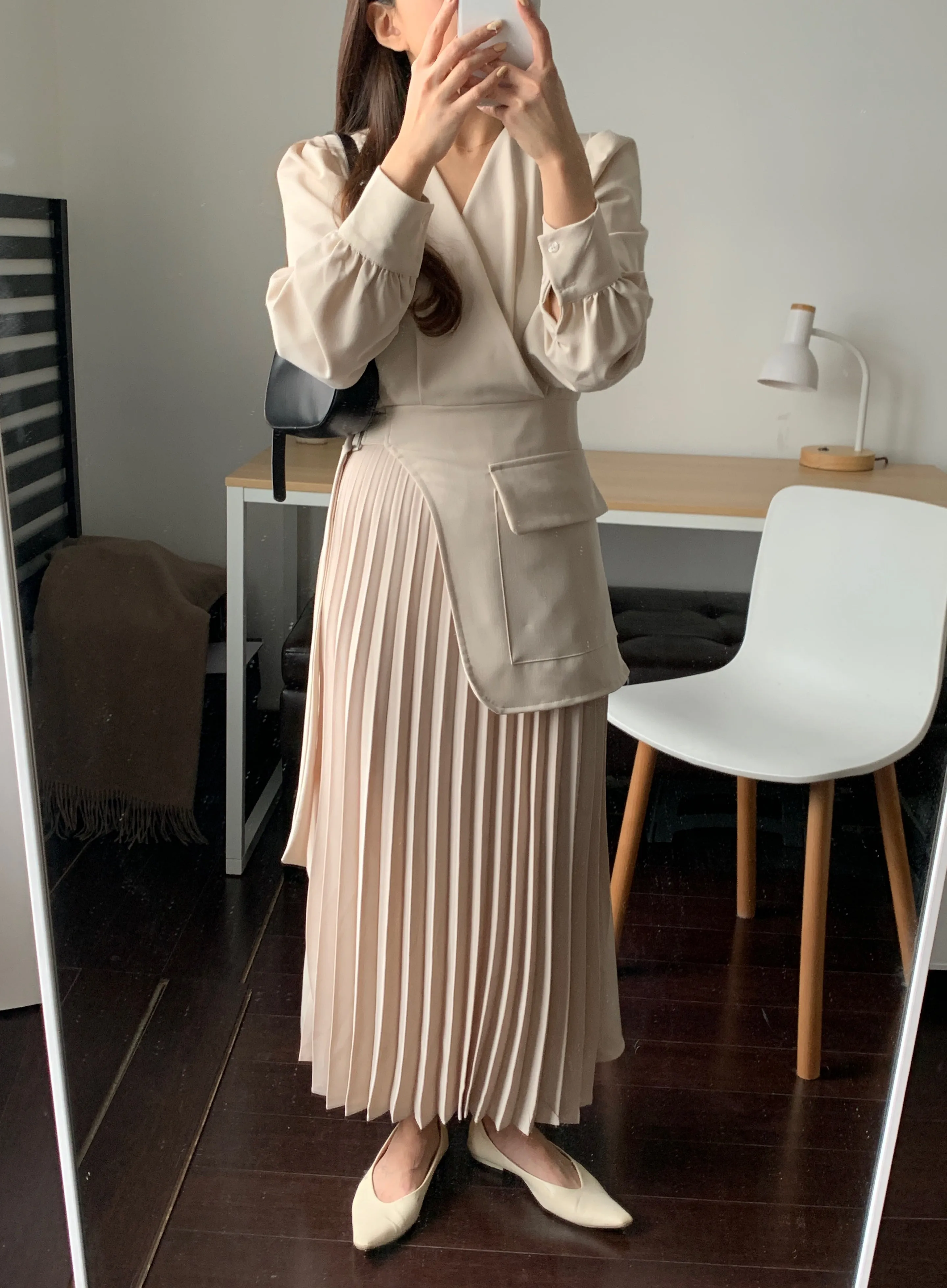 [Korean Style] Inna Beige V-neck Belted Blazer Pleated Skirt One Piece