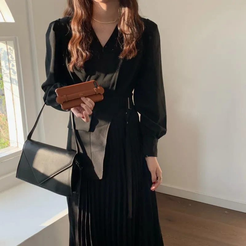 [Korean Style] Inna Beige V-neck Belted Blazer Pleated Skirt One Piece