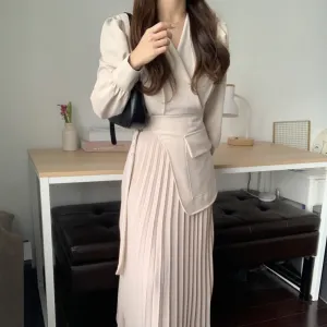 [Korean Style] Inna Beige V-neck Belted Blazer Pleated Skirt One Piece