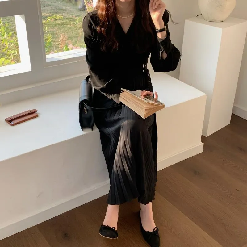 [Korean Style] Inna Beige V-neck Belted Blazer Pleated Skirt One Piece