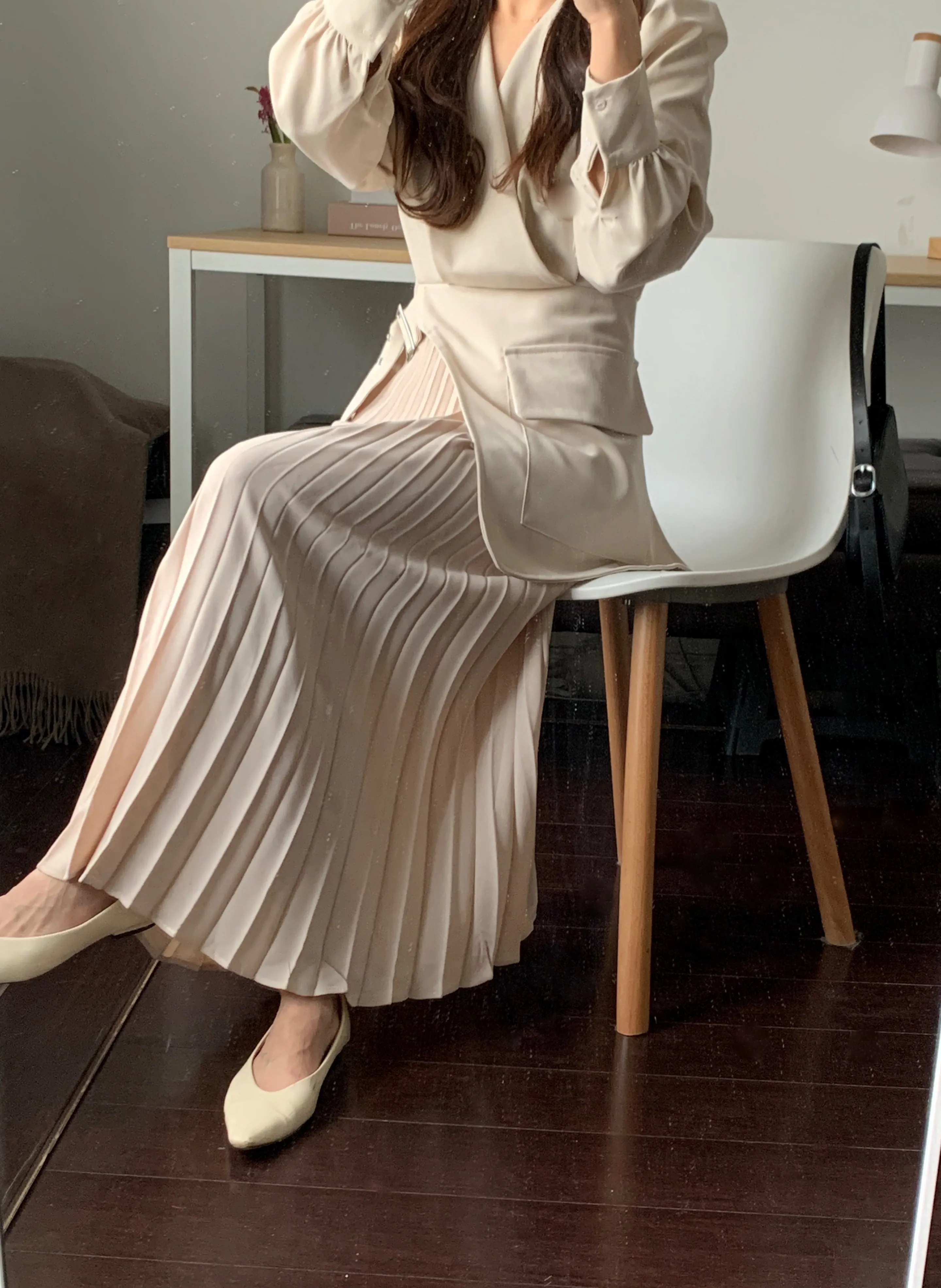 [Korean Style] Inna Beige V-neck Belted Blazer Pleated Skirt One Piece