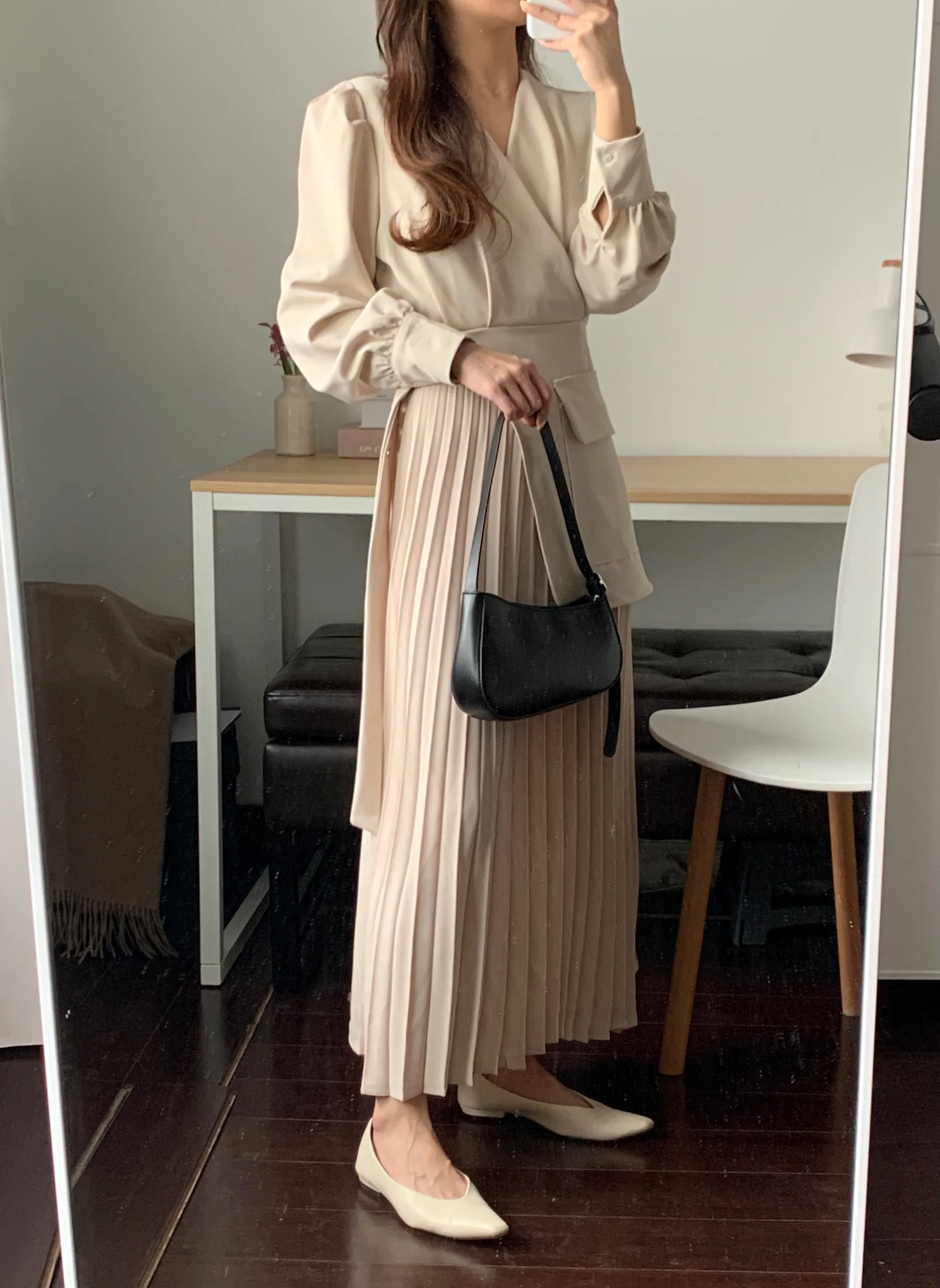[Korean Style] Inna Beige V-neck Belted Blazer Pleated Skirt One Piece