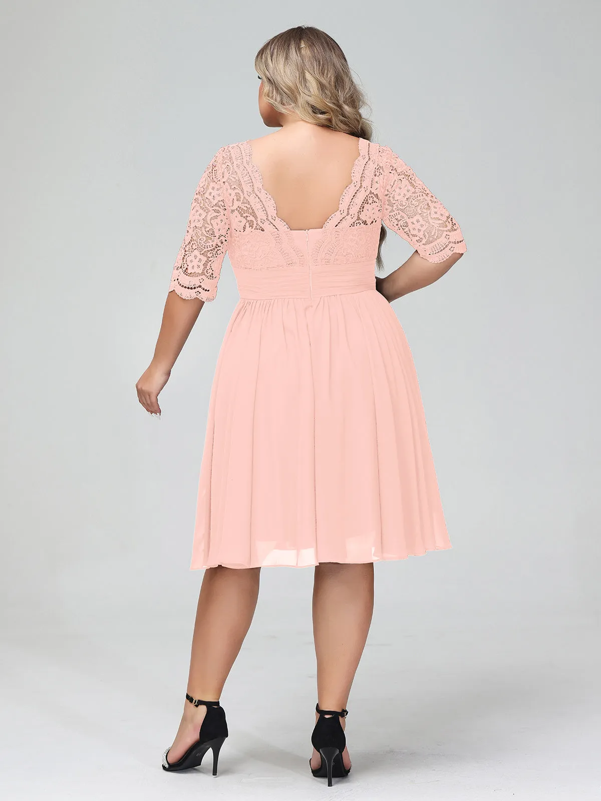 Lace and Chiffon Short Dress with Half Sleeves Coral