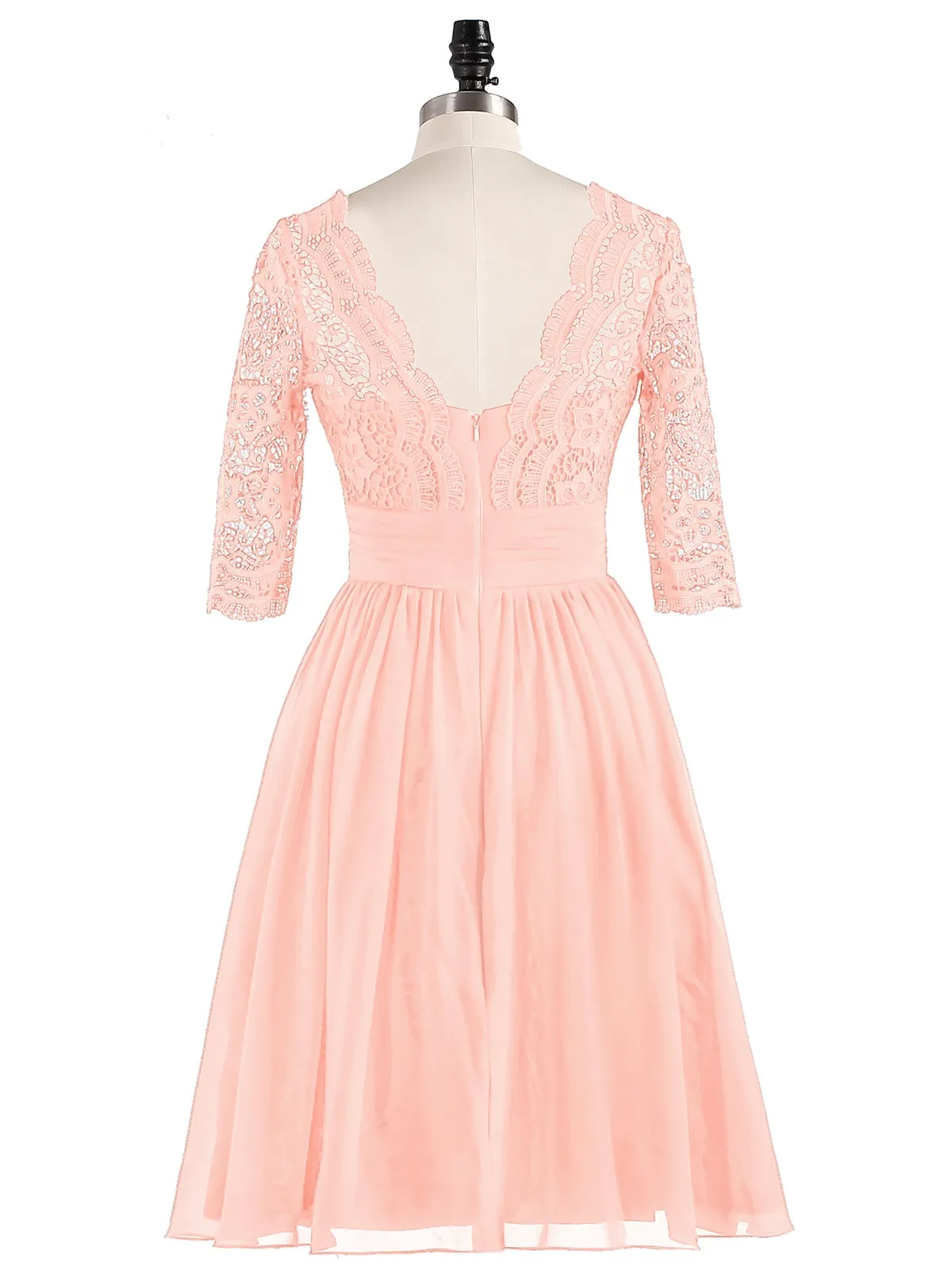 Lace and Chiffon Short Dress with Half Sleeves Coral