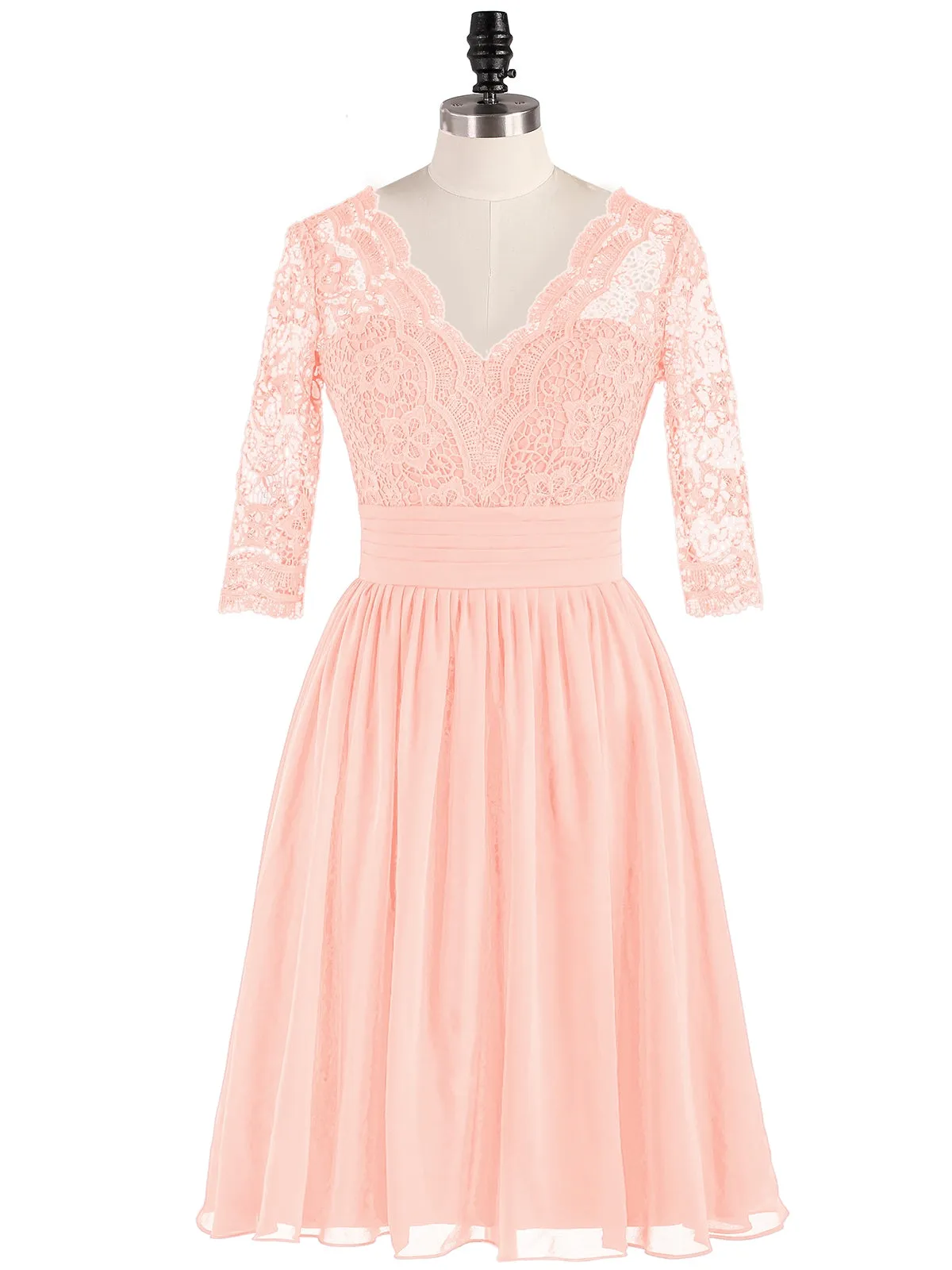 Lace and Chiffon Short Dress with Half Sleeves Coral