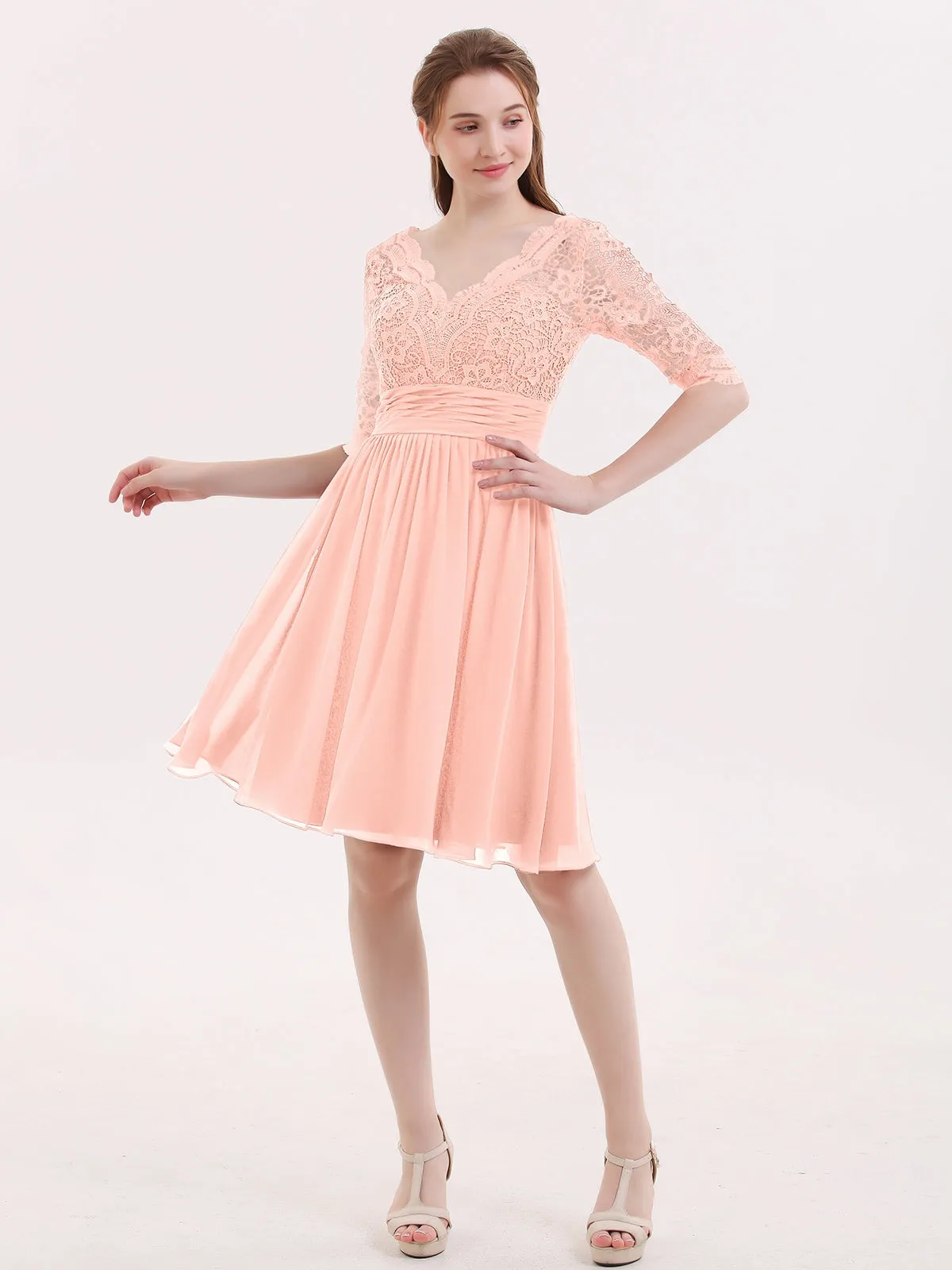 Lace and Chiffon Short Dress with Half Sleeves Coral
