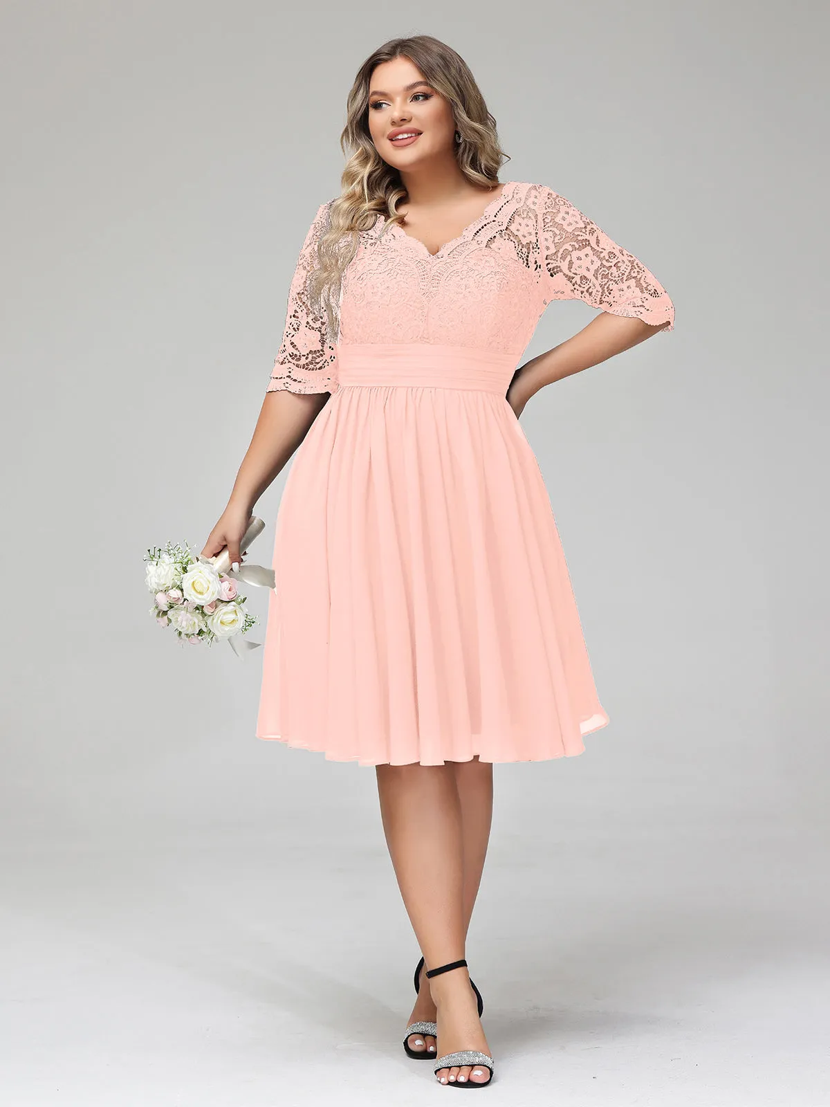 Lace and Chiffon Short Dress with Half Sleeves Coral