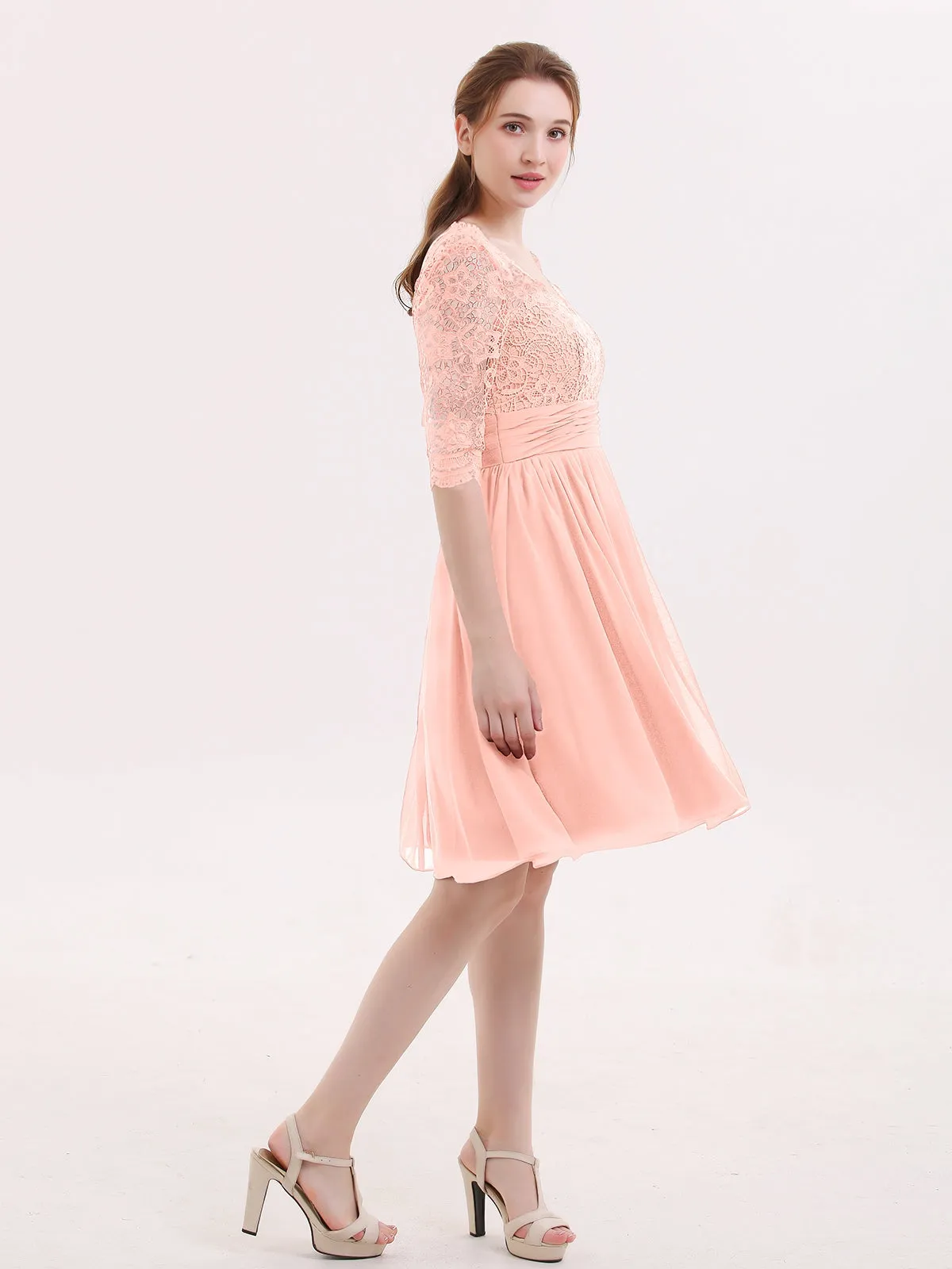 Lace and Chiffon Short Dress with Half Sleeves Coral