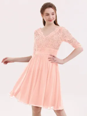 Lace and Chiffon Short Dress with Half Sleeves Coral