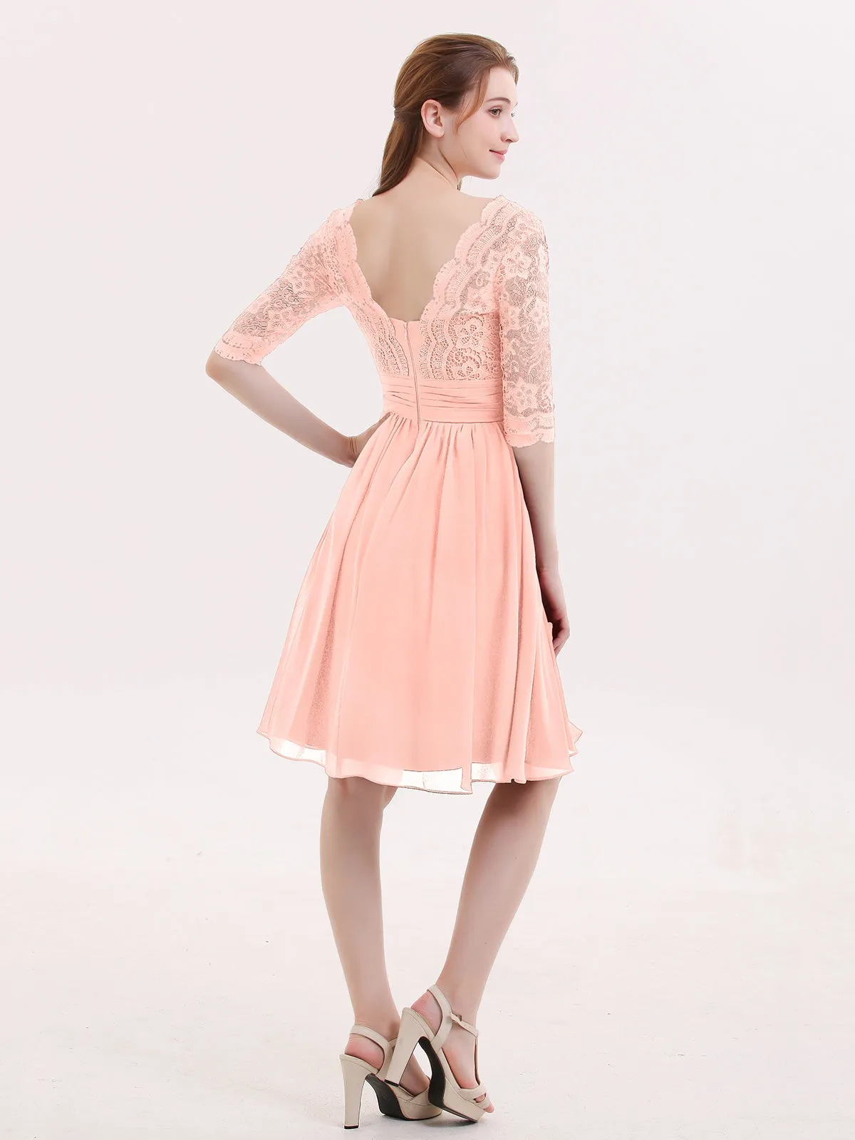 Lace and Chiffon Short Dress with Half Sleeves Coral